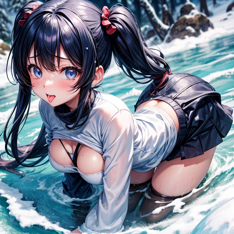 one girl,Blue twin tails,beautiful eyes,anime girl,sticking out tongue,For winter clothes,Photo from the front,Water flows from the mouth,body is wet,erotic eyes,cheeks are red,Background with snow piled up