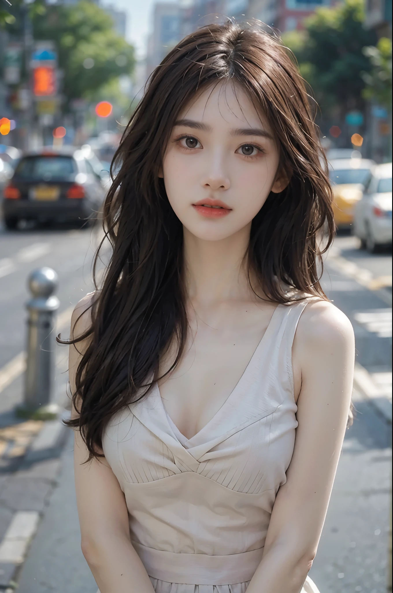 (high resolution, 4k, 8k, ultra-detailed:1.2), (hyper-realistic, photorealistic:1.37), (illustrated), (detailed lighting), (extremely delicate and beautiful), 1 young girl, brown hair, brown eyes, model, bare shoulders and chest, (best quality), ultra-detailed CG wallpaper in 8k, vibrant color, professional-grade, ((bokeh effect)), depth of field, twilight, sinking sunset.