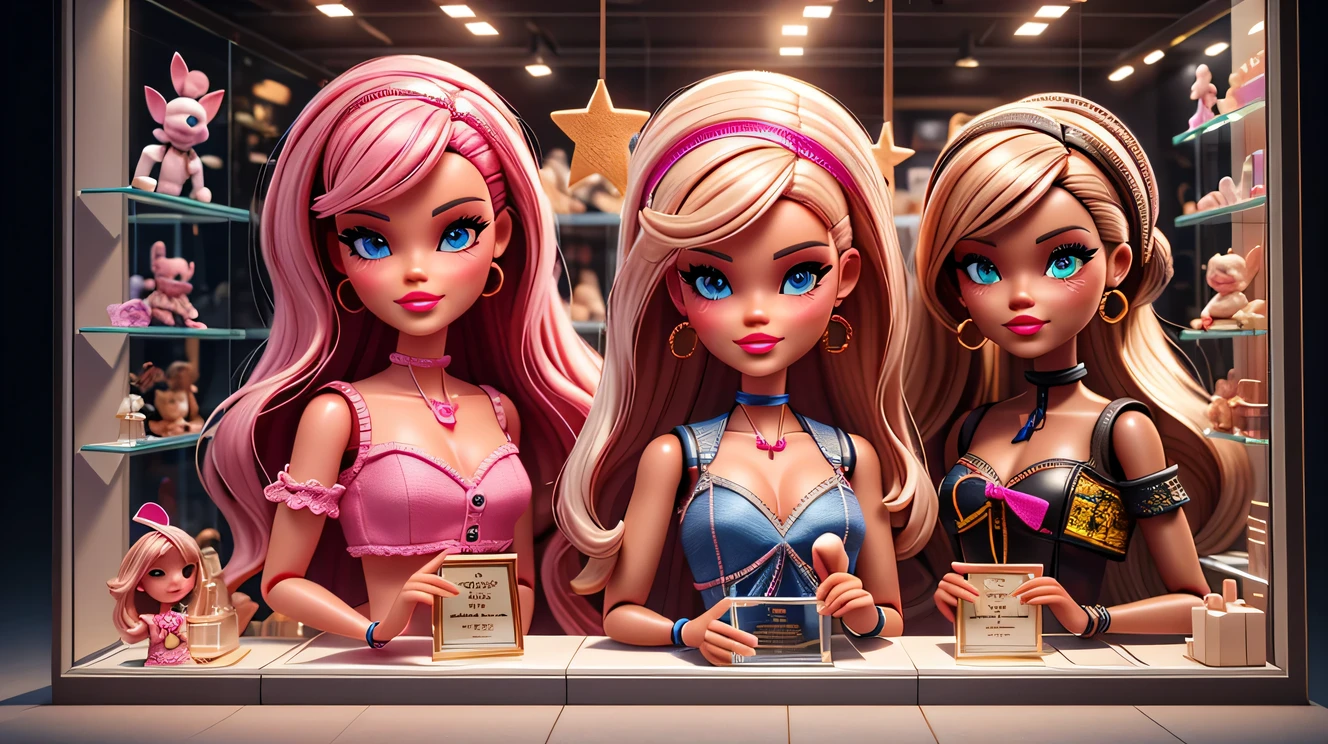 Barbie doll toy store window display in cyberpunk style glass display cabinet on street corner of futuristic city with fish eye effect），蒸汽赛博朋克style，European classic red、pink、蓝色和金ackground为background，Extraordinarily beautiful and clear face，big eyes，small music box toy，jewelry toys，Vintage engraved shelf with many toys pattern，Showcasing various Barbie Princess collections，Each doll  dressed in gorgeous and exquisite clothes，配上精美的珠宝和shoe，barbie accessories，Various clothing、shoe、Jewelry etc.，background：Large glass display cabinet，With 3D rendering、style、photography，