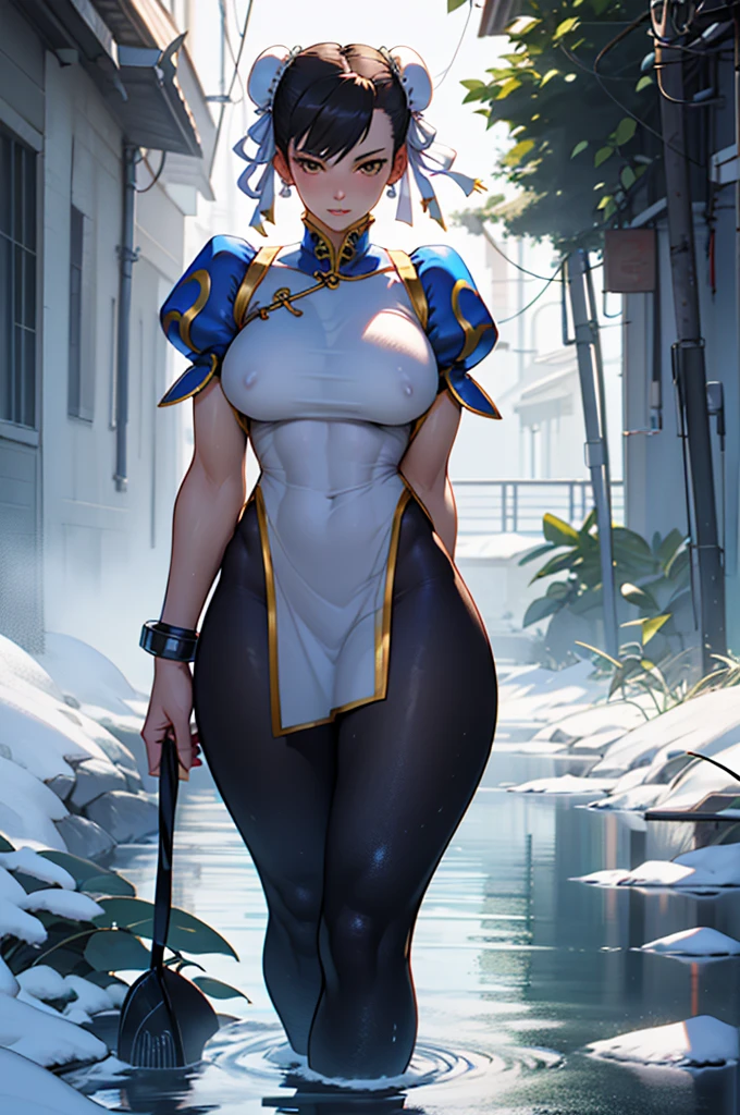 1chun li  girl, black hair, yellow eyes, very long hair, pale skin, curvy, (extremely muscular), perky breasts, frozen lake