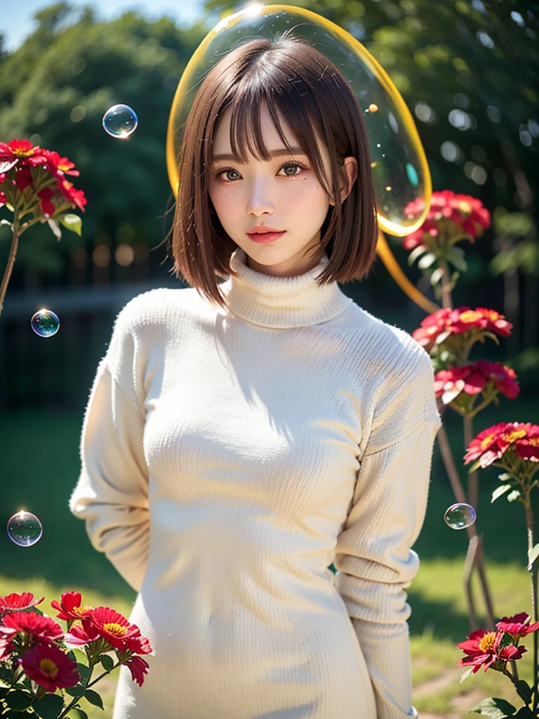 floating, (high color saturation), (background, (Colorful splash:1.3), (colorful bubbles:1.3), (shining:1.3), (colorful flowers:1.3), (colorful neon:1.3)), break, (1 girl), (18-year-old), 非常にbeautiful詳細な顔, smile shyly, Symmetrical black eyes, small breasts REAK, (Red Hounstooth Court:1.4), (Off-White Turtleneck Sweater Dress:1.3), dark brown hair, princess cut hair, (detailed face:1.2), break, high quality, realistic, very detailed CG 統合 8k 壁紙, very detailed, High resolution RAW color photos, professional photography, realistic portrait, cinematic light, beautiful, Super detailed, high detail orchestra))), Depth of bounds written, illumination, Super stylish lighting