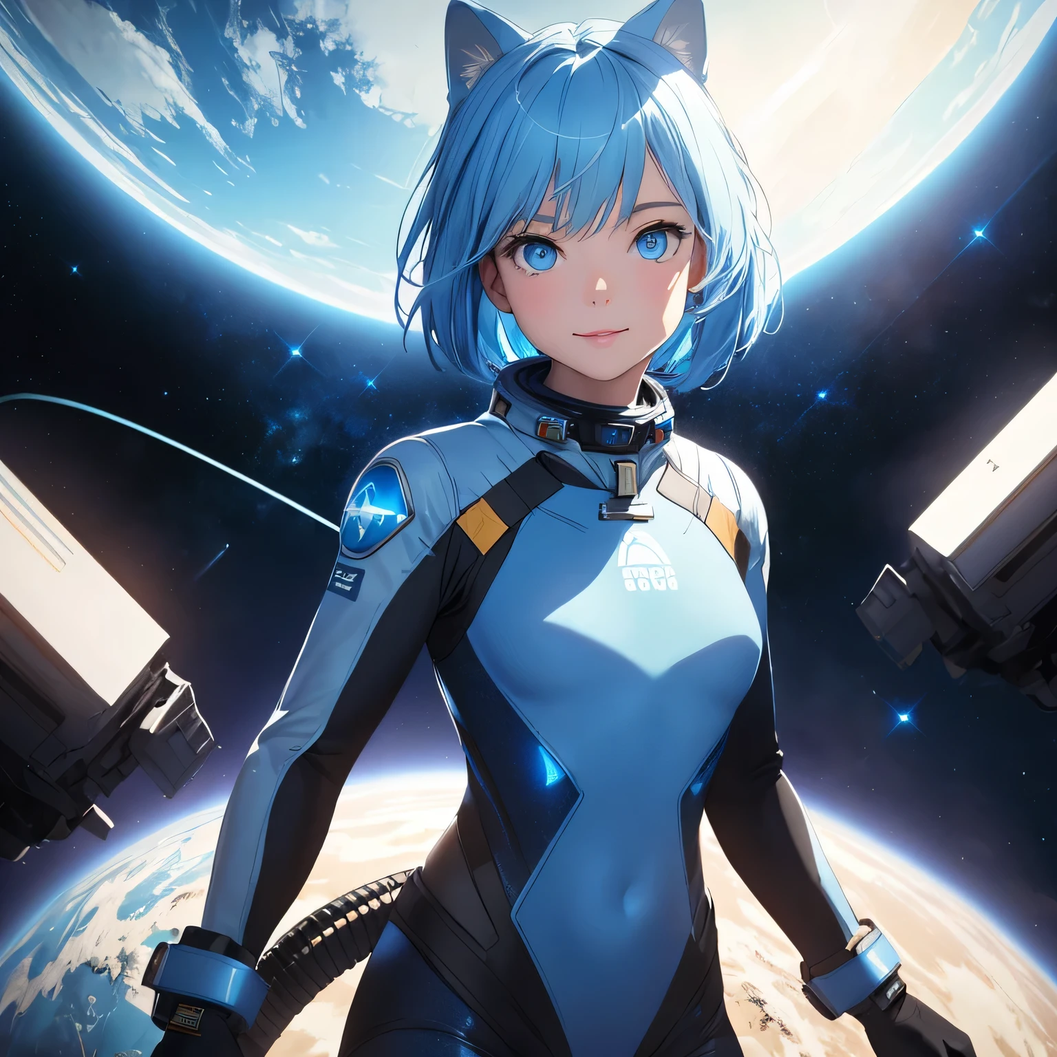 (8k, HDR, RAW photo, best quality, masterpiece:1.2, realistic lighting), Cowboy shot view, girl floating on space, solo, (thin face), realistic beautiful face, very detailed face, smile, (bob cuts hair), ((sky blue hair)), path traced hair, (sky blue cat ears), ((sky blue eyes)), beauty eyes, perfect symmetrical eyes, clear sparkling blue eyes, (flat chest), (small breast), wearing a full body spacesuit, (spacesuit helmet), detailed and complex background, surreal space, fantasy space, outer space