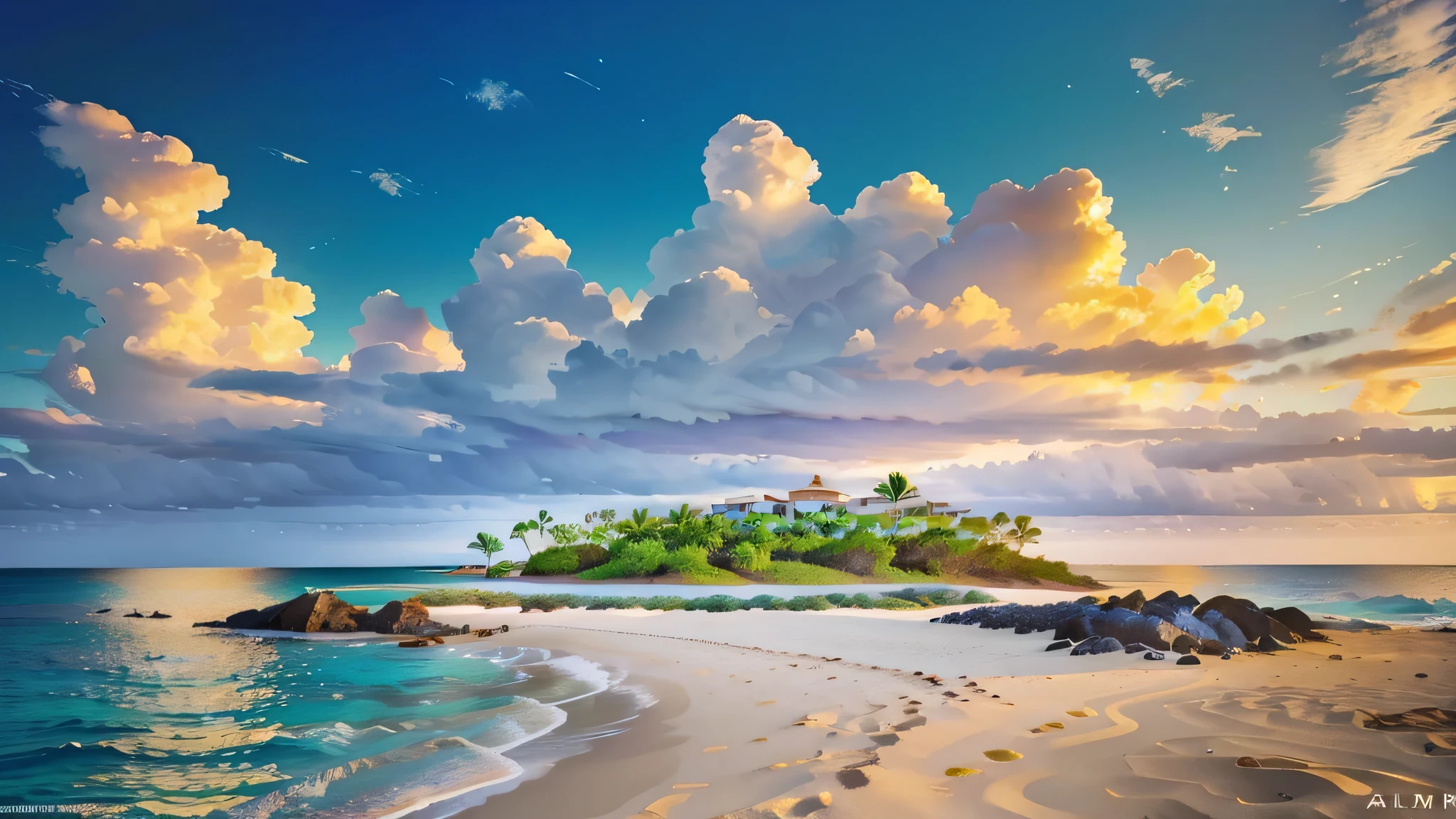 prompt: very detailed landscape picture of a beautiful beach, islands in the distance, few clouds, and palmtrees,
(((Hi res, HDR, HD, 4K, 8k))), fill lighting, thin and delicate line, 