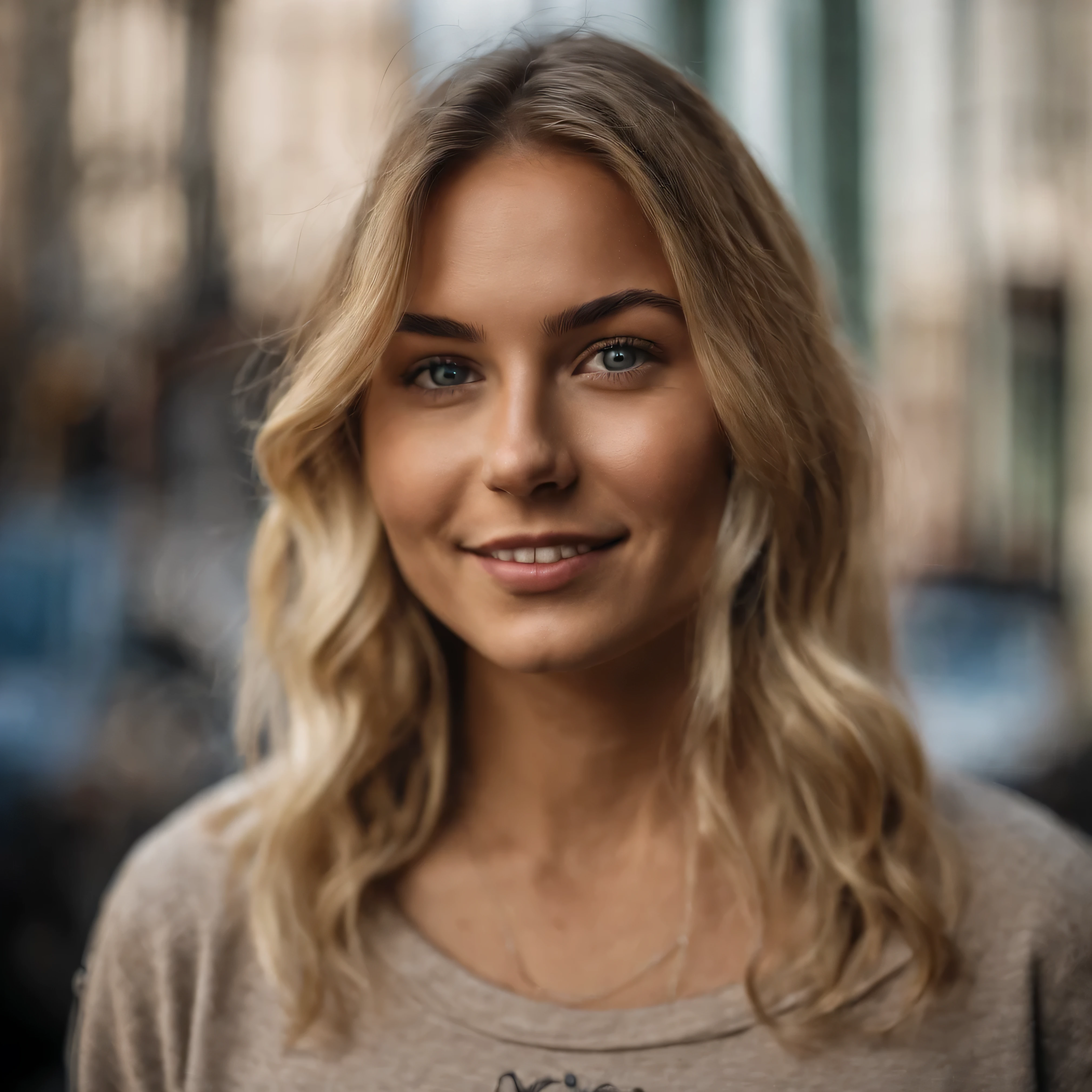The photo shows a beautiful blonde with green eyes., in a casual shirt with a sweatshirt and leggings, City street, messy medium hair, Slim body, Looking at the camera, nice smile, Shallow depth of field