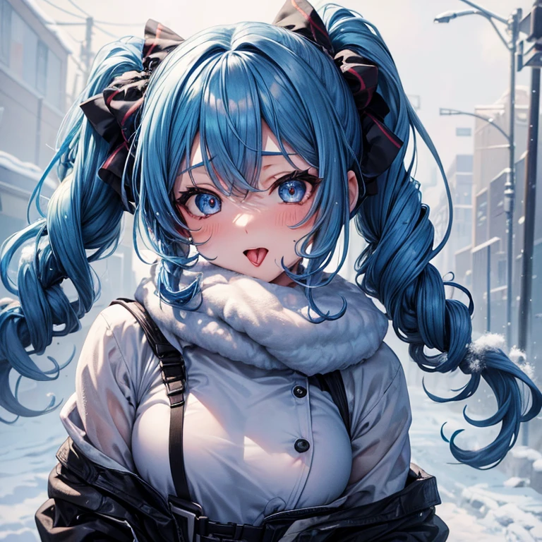 one girl,Blue hair with curly twintails,beautiful eyes,anime girl,sticking out tongue,For winter clothes,Photo from the front,Water flows from the mouth,body is wet,erotic eyes,cheeks are red,Background with snow piled up