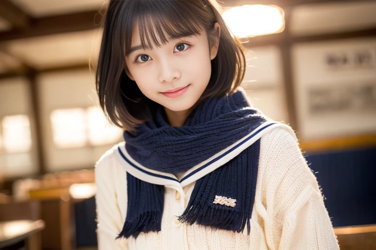 (((masterpiece))), (((Focus on the upper body,sitting))), (one beautiful girl, innocence,cute) ,ultra high resolution, reality, Super detailed, 8k,highest quality, very detailed, blurred background,thin,small breasts,(very beautiful japanese girl, detailed face:1.3), (short black hair :1.4), (baby face,cute系,Adorable 10 year old beautiful girl), (perfect body:1.1),((plain winter sailor suit,scarf,navy pleated skirt))、rosy cheekig eyes,relieved look,Super detailedな顔、detailed lips、detailed eyes、small gravure idol,transparent skin、lolita,Photoreal:1.37、bright sunny day、Inside the family restaurant,warm food on the table,Wearing junior high school winter clothes,A busy store,bright lighting,relaxed atmosphere,celebration party