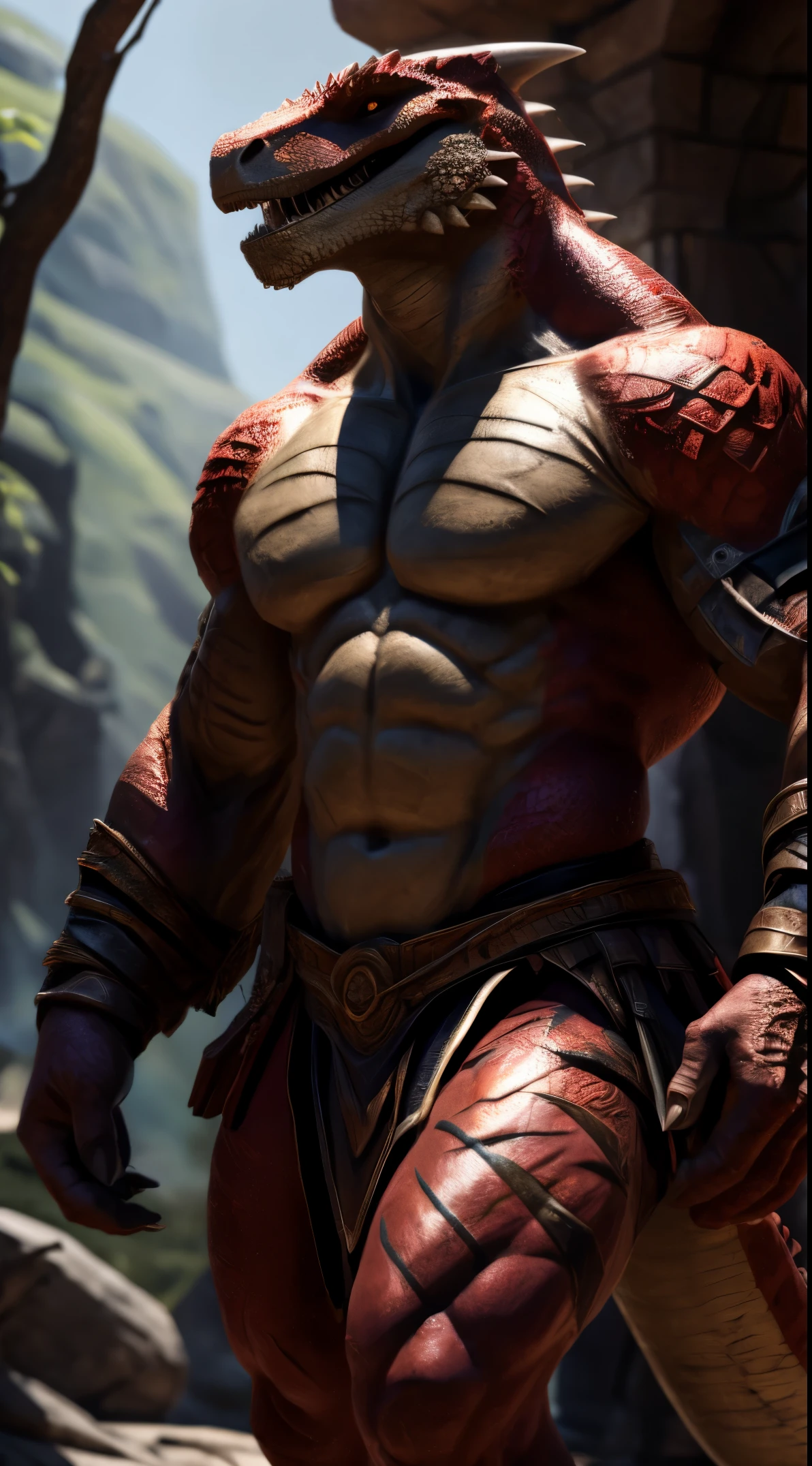 A lizard man, raptor like legs, thick long tail, scars on arms, smooth body, proporcional body, abs, toned, light belly, illustration, (best quality, 4k, highres, masterpiece:1.2), ultra-detailed, realistic,sharp focus, vivid colors, daytime lighting, full body, barbarian armor, pauldrons, open wide chest, light armored, red scales on body