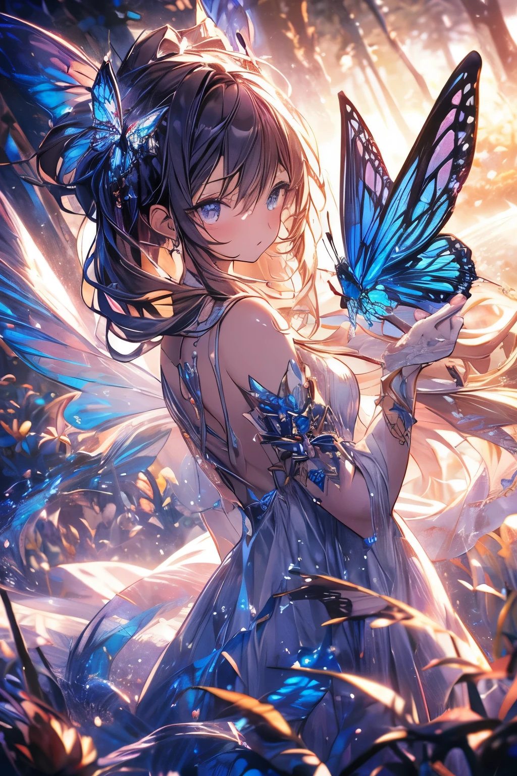 masterpiece, concept art, (highly detailed), medium shot, fairy butterfly 1girl, butterfly wings, cute, elegant, violet flowing hair, magical dress, magnum opuutterfly:1.5) flying surrounding her, mythical forest, bathed in ethereal moonlight, serenity, (epic composition, epic proportion), Vibrant color, volumetric lighting, Hd