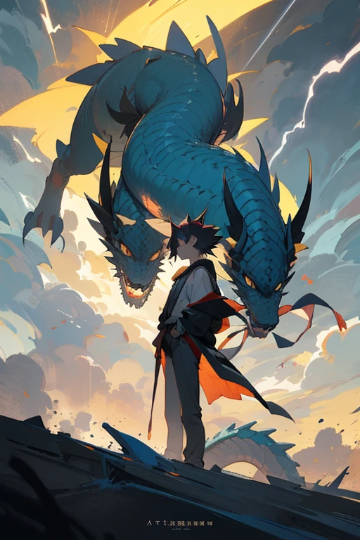 generate an anime style character. he must have a dragon climbing his shoulders as if protecting him. the color of the dragon must be black. the dragon must be in a spectral form. the character must have a strong physical build. the scene must be very detailed.