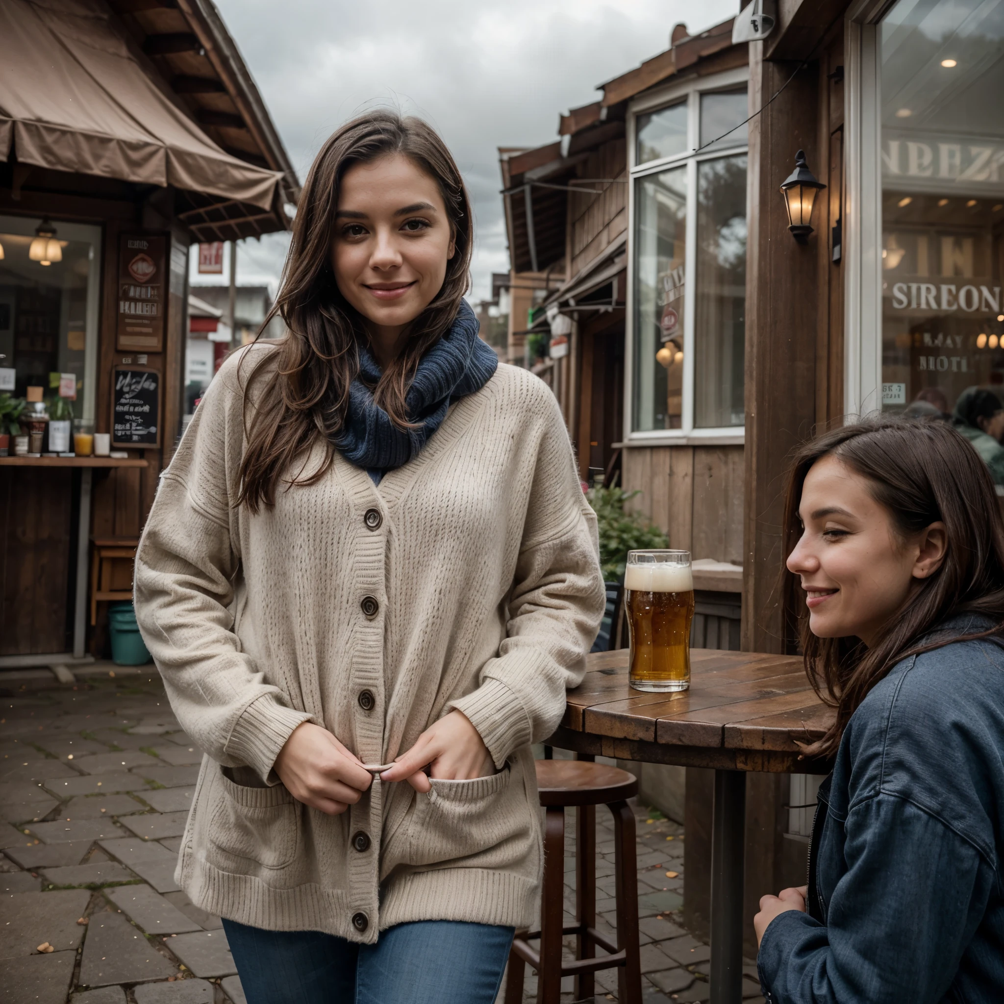 Visualize a scene set in Nordstadt, Dortmund, Germany, on a grey, overcast afternoon in mid-January. Captured from a slightly elevated angle, as if taken by someone standing across the table, the image focuses on a woman in her 30s standing at a stand table outside a quaint kiosk. This woman, with her long, dark hair and medium build, appears slightly inebriated but happy, her gaze fixed directly into the camera lens with a contented smile. She is dressed in a thick, woolen burgundy sweater and dark blue jeans, fitting seamlessly into the casual, urban setting. The photograph is taken with a high-resolution DSLR camera, which picks up fine details like the subtle textures of her sweater and the gentle condensation on the half-empty beer glass on the table. The camera's depth of field is shallow, making the woman stand out sharply against a softly blurred background. This background features muted cityscape colors, with passersby bundled in winter attire and cars occasionally driving past the kiosk. The lighting in the photo is natural and soft, typical of a cloudy winter day, casting gentle shadows and lending the scene a relaxed, almost serene atmosphere. The overall image quality is crisp and vivid, with balanced contrast and a slightly warm color tone that adds a sense of coziness to the chilly outdoor setting. (She is alone in the image):1.6, street is consistant and natural, natural setting, masterpiece, high detailisation, sharp focus, UHD, 8k, Dortmud is on the background, not much going on