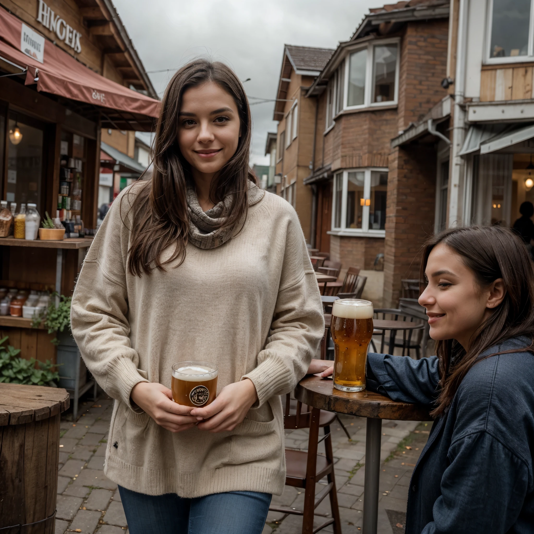 Visualize a scene set in Nordstadt, Dortmund, Germany, on a grey, overcast afternoon in mid-January. Captured from a slightly elevated angle, as if taken by someone standing across the table, the image focuses on a woman in her 30s standing at a stand table outside a quaint kiosk. This woman, with her long, dark hair and medium build, appears slightly inebriated but happy, her gaze fixed directly into the camera lens with a contented smile. She is dressed in a thick, woolen burgundy sweater and dark blue jeans, fitting seamlessly into the casual, urban setting. The photograph is taken with a high-resolution DSLR camera, which picks up fine details like the subtle textures of her sweater and the gentle condensation on the half-empty beer glass on the table. The camera's depth of field is shallow, making the woman stand out sharply against a softly blurred background. This background features muted cityscape colors, with passersby bundled in winter attire and cars occasionally driving past the kiosk. The lighting in the photo is natural and soft, typical of a cloudy winter day, casting gentle shadows and lending the scene a relaxed, almost serene atmosphere. The overall image quality is crisp and vivid, with balanced contrast and a slightly warm color tone that adds a sense of coziness to the chilly outdoor setting. (She is alone in the image):1.6, street is consistant and natural, natural setting, masterpiece, high detailisation, sharp focus, UHD, 8k, Dortmud is on the background, not much going on