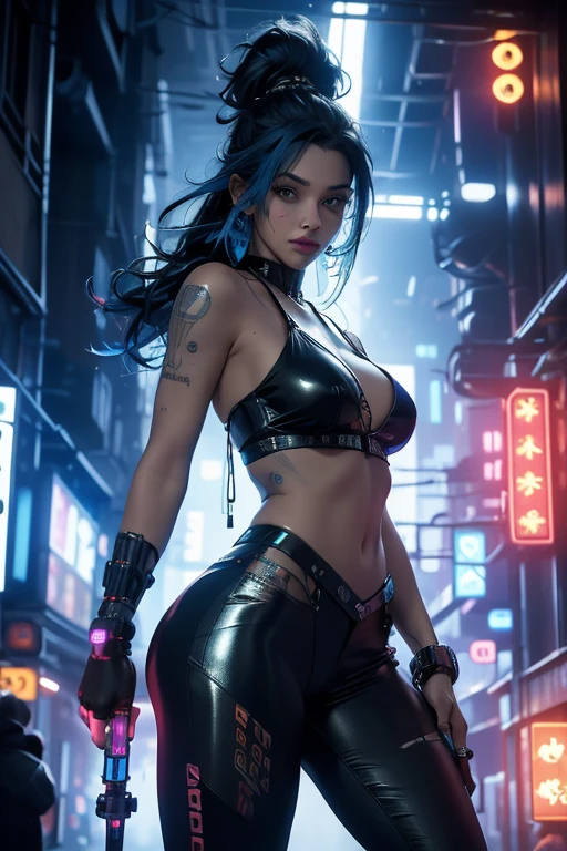 (best quality,4k,highres,masterpiece:1.2),ultra-detailed,realistic,sexy cyberpunk blue hair nerd girl in leather bikini,portraits,neon-lit,cityscape,glowing tattoos,laser guns,cybernetic enhancements,dystopian future,computer hacking skills,technological gadgets,dark alleyways,futuristic skyscrapers,defiant expression,fierce and confident attitude,multiple piercings,metallic accessories,vivid colors,ambient lighting,vibrant nightlife.