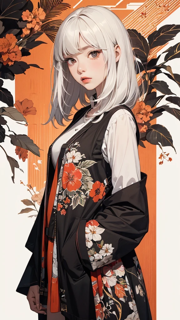 ((Highly detailed CG unit 8k wallpaper, masterpiece, High resolution, highest quality, highest qualityのリアルテクスチャスキン)), ((very beautiful woman, Figure with hands in pockets:1.5, Nana Komatsu, plump lips, upper part of the body, Japanese pattern haori, Japanese pattern micro mini shorts)), (messy black hair, white skin, small breasts), ((Colorful background with geometric patterns, and handle background, cool color, white background)), Sumi-e, hyper realistic, digital painting, concept art,
