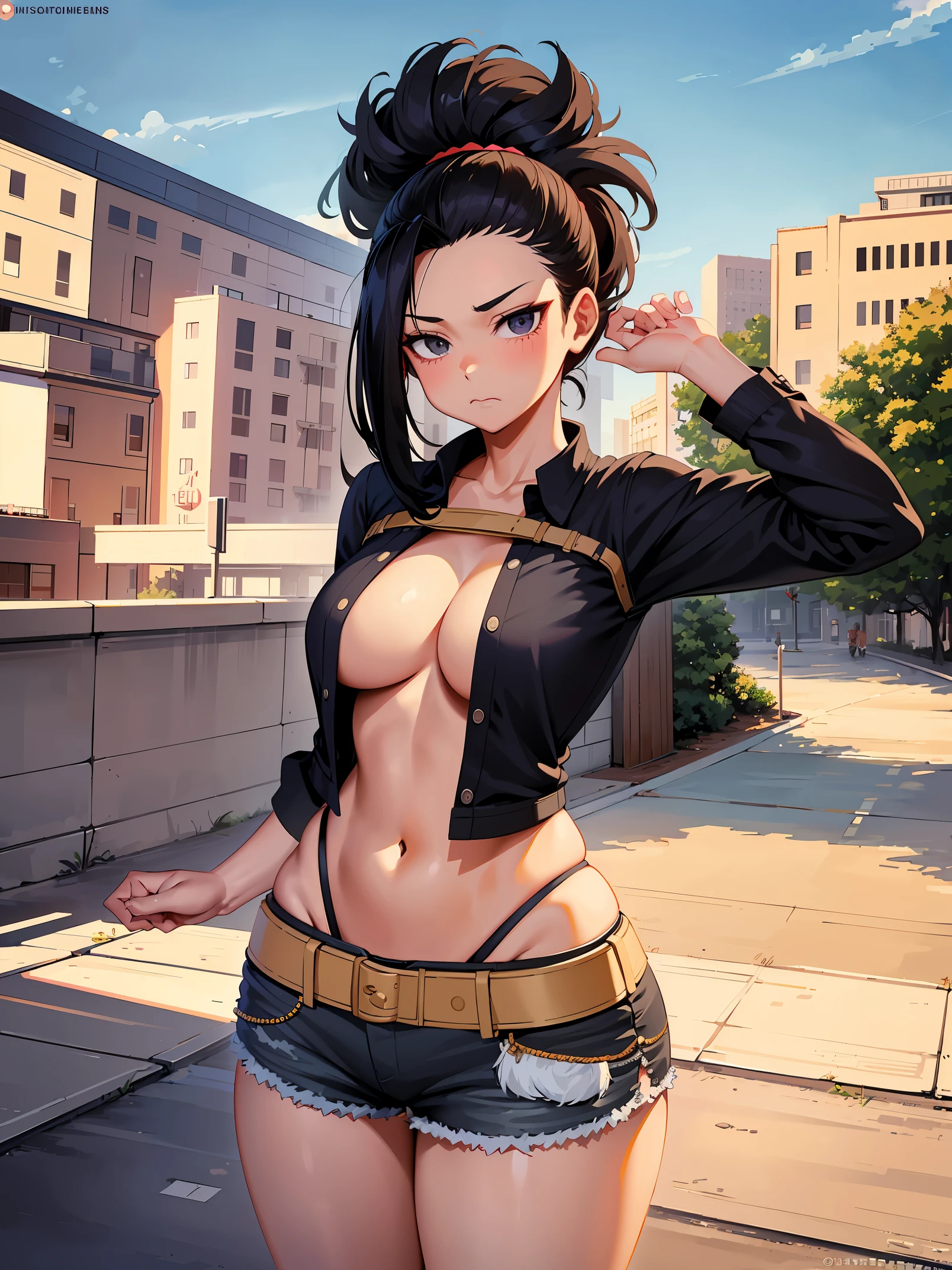 (masterpiece, Best quality: 1.2), cowboy shot, One, 1 girl, Yaoyorozu Momo, anime screenshot, city, long hair, Black hair, Grey eyes, Looking at the viewer, lustful, Closed mouth, is, wide hips, short shirt, short shorts, Unbuttoned shorts, erotica, rug