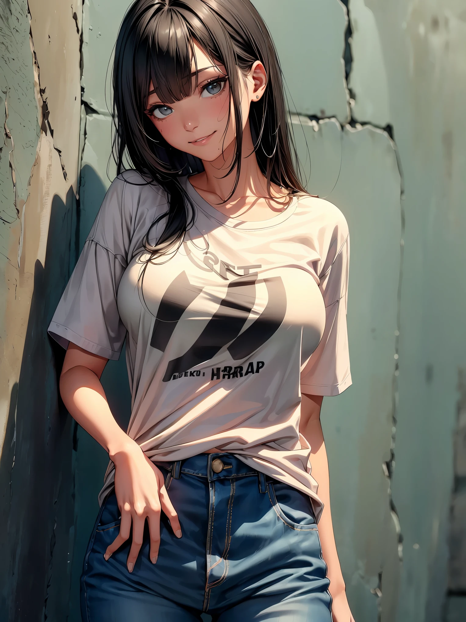 (8K, Raw photo, 最high quality, muste piece: 1.2), High-definition RAW color photo, Professional photo shoot, cinematic light, solo, (((young woman, gal))), (垂れeye), (small face), (high detail skin: 1.2), clavicle, pretty face, beautiful eyes, long eyelashes, (rainbow hair, Brownい瞳), (beautiful breasts:1.5),(slender:1.4), very detailed顔と肌の質感, 詳細なeye, double eyelid, カメラを横eyeで見る, (black hair, shortcut, Bangs are long on one side)), slenderボディ, ((smile:1.2)), big breasts, normal hip joint, Brown_eye, cowboy shot, (T-shirt:1.5, Denim pants), ((Concrete wall background)), 見つめるeye, beautiful skin, shiny skin, wet skin, wetting hair, perfect fingers, 5 fingers, anatomically correct, back ground bokeh, high quality, surreal, Bright colors, ((very detailed, photo shoot)),