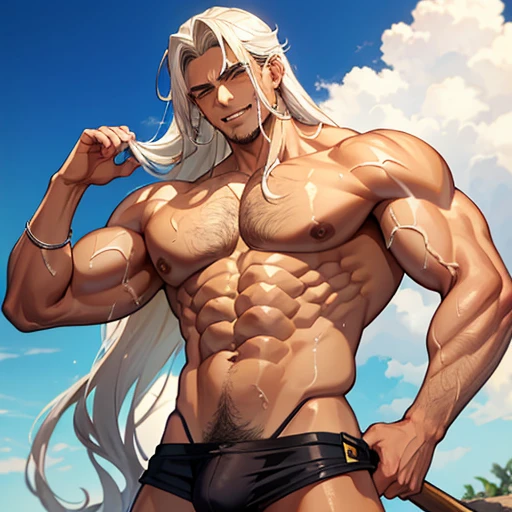 Masterpiece, Male{tanned skin}, 10 pack abs, big biceps{very oily}, long beige hair{side hair}, hairy armpits{sweaty}, has big body{oily and sweaty}, smirking face, handsome face, very very sweaty and oily body, white stuff on his face and body, shirtless, very sweaty, long dick inside pants