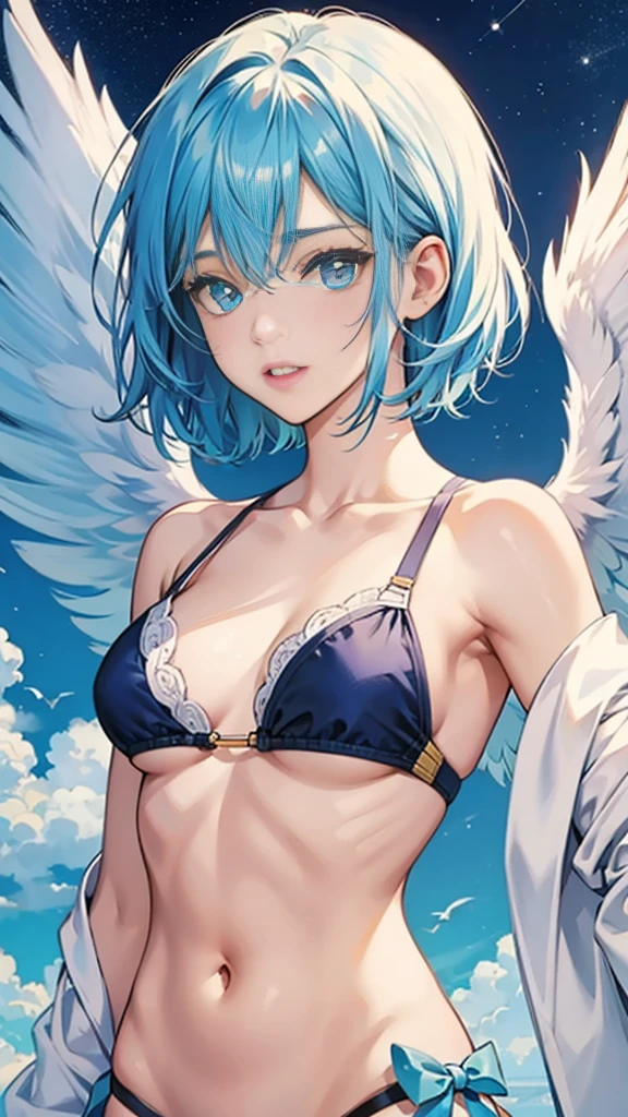 best image quality、highest quality、8K、Upper body、swimsuit、thighs、light blue hair、bob hair、blue eyes、starry sky、beautiful eyes、stomach、Navel、white wings grow