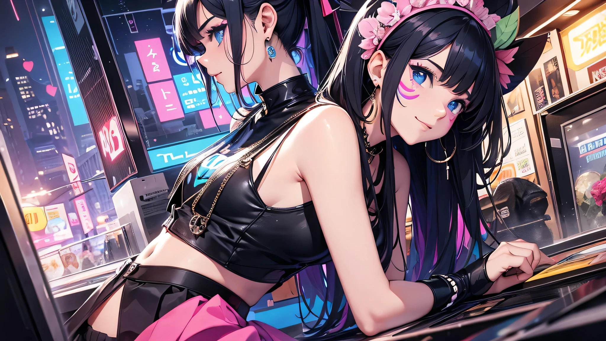 最high quality、best image quality、masterpiece、teenage girl((18-year-old、 by becoming、vest bust、medium bust,wide open breast tea、black eye, black hair、long hair、thin,highest valley、cute makeup、black short skirt、Red spats、fluttering hair、white navel tank top、chain accessories、best smile、Rear view、blue face paint、Yellow face paint、Pink face paint、fascination pose)),high quality、beautiful art、background((night club)),pieces fly、Depth of written boundary、movie、visual art、perfect art、