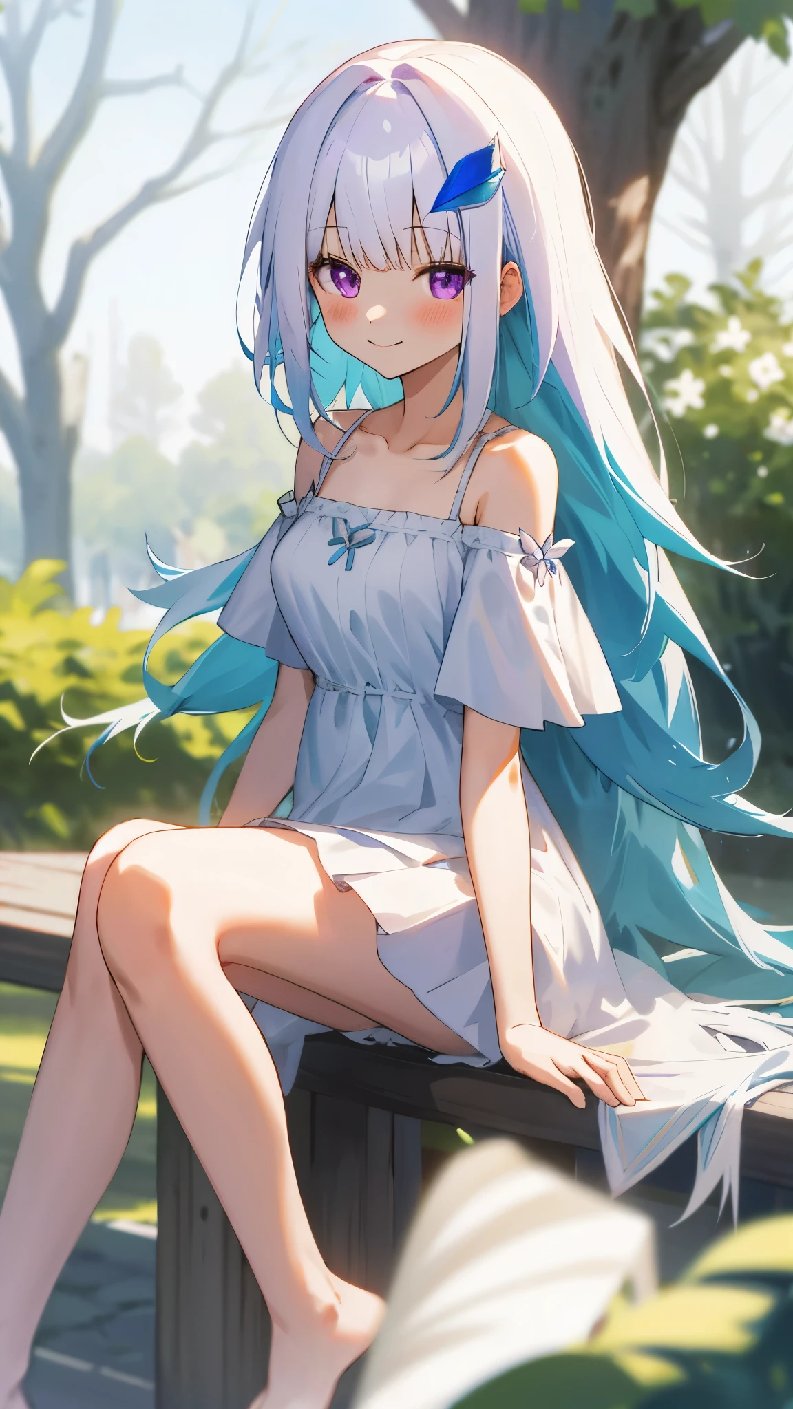 One girl with long hair, bangs, white hair, blue inner hair:1.25) , purple eyes, looking at viewer, blushing, little smile, outdoor, tree, sitting, white dress, bare shoulders, collarbone, short sleeves, bare legs, mid-chest, day atmosphere, hair ornament, medium breasts, focus, blurry background, 