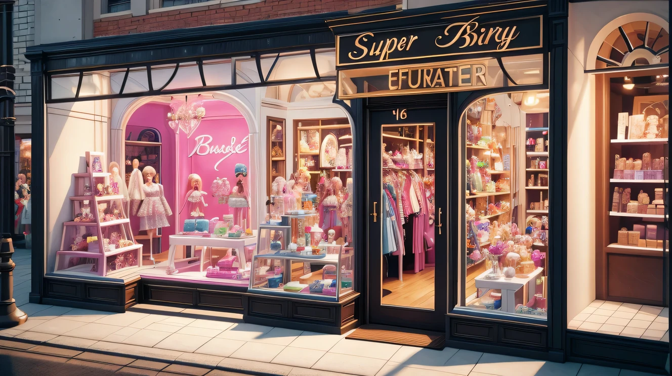 UHD, retina, masterpiece, ccurate, anatomically correct, textured skin, super detail, high details, high quality, award winning, best quality, highres, 16k，（scenography），（Barbie doll toy store window display），3D rendering，Pixar，Detailed details，super high quality