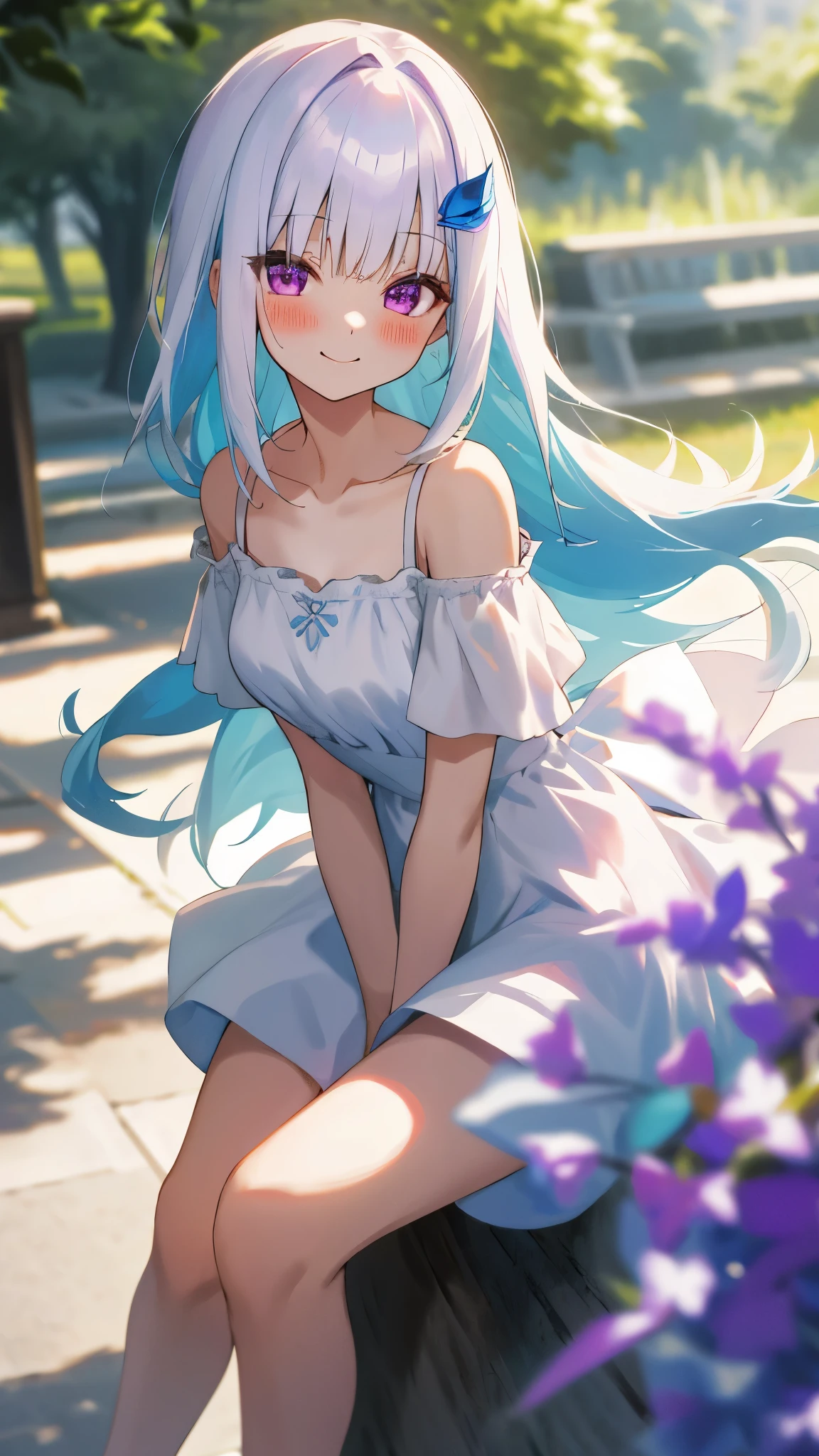 One girl with long hair, bangs, white hair, blue inner hair:1.25) , purple eyes, looking at viewer, blushing, little smile, outdoor, tree, sitting, white dress, bare shoulders, collarbone, short sleeves, bare legs, mid-chest, day atmosphere, hair ornament, medium breasts, focus, blurry background, 