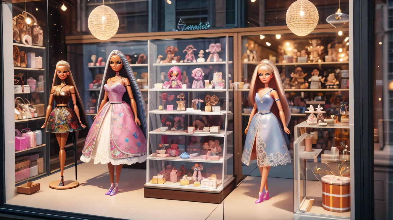 UHD, retina, masterpiece, ccurate, anatomically correct, textured skin, super detail, high details, high quality, award winning, best quality, highres, 16k,(scenography),(Barbie doll toy store window display),3D rendering,Pixar,Detailed details,super high quality