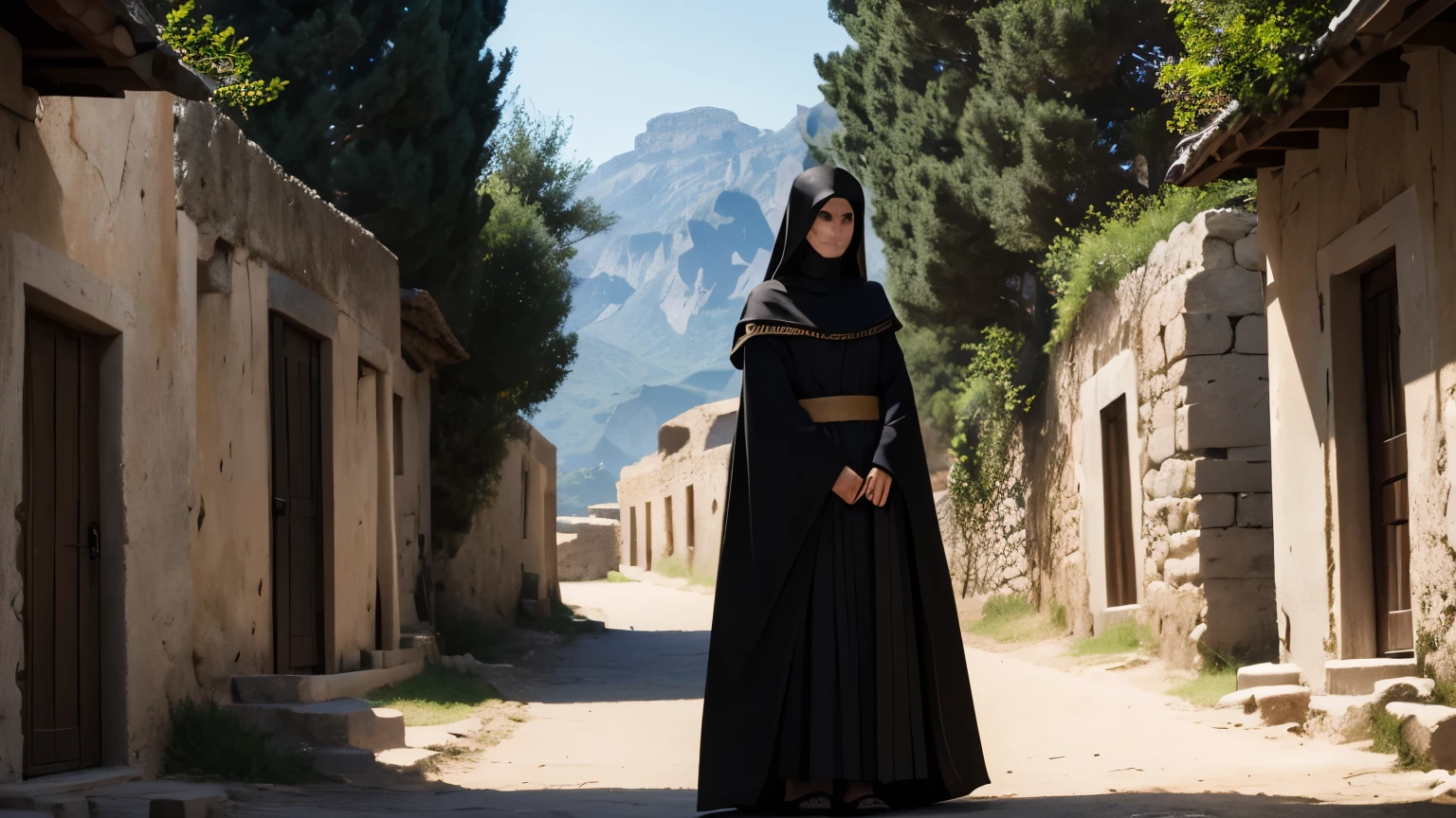 A mature 30 years old woman. Long straight brown hair. Small lips. Small nose. Small eyes. High cheek bones. strict facial features. Fair skin. Evil. Grinning. Wearing a black robe and a black veil over her face. In an ancient greek village. Green hills. Daytime.