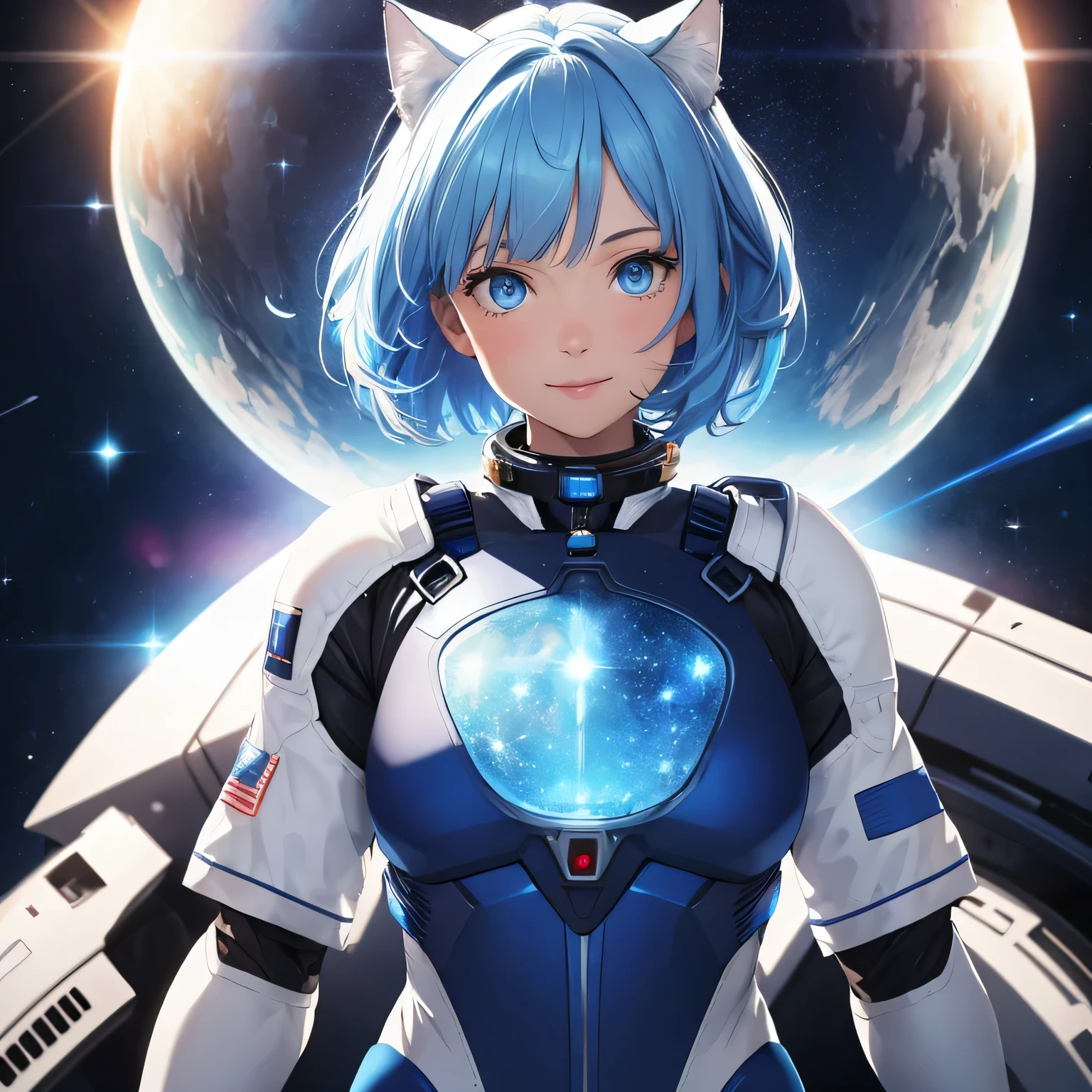 (8k, HDR, RAW photo, best quality, masterpiece:1.2, realistic lighting), Cowboy shot view, girl floating on space, solo, (thin face), realistic beautiful face, very detailed face, smile, (bob cuts hair), ((sky blue hair)), path traced hair, (sky blue cat ears), ((sky blue eyes)), beauty eyes, perfect symmetrical eyes, clear sparkling blue eyes, (flat chest), (small breast), wearing a full body spacesuit, (spacesuit helmet), detailed and complex background, surreal space, fantasy space, outer space, million of stars