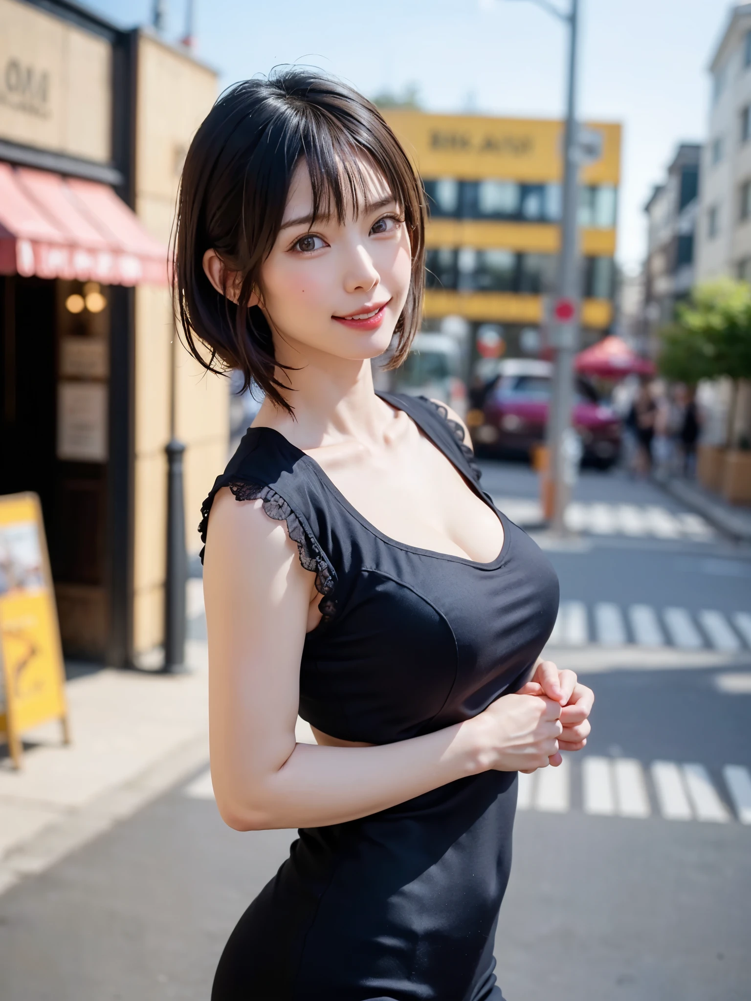 (masterpiece, highest quality),1 girl, solo, hyper realistic, realistic,realistic, looking at the viewer, light brown eyes:1.4,Brunette short bob hair with highly detailed shiny hair, bright colored winter clothes, lepangas:1.4), outdoor, closed mouth, Upper body、big breasts eye、eyelash、{huge|big breasts|hugeな|mega} overall small breasts:2, cleavage:2、(((big breasts eye、short bob hair、Highlights from students、look at the viewer、she is very beautiful and cute、please show me your ears、long neck、smile、Close your mouth and smile、bangs beautiful teeth)))、ideal body proportions、（Snow-covered tree-lined street in Norway in winter）、美しいlong neck:1.4、{gigantic|big|huge|mega} breasts, cleavage