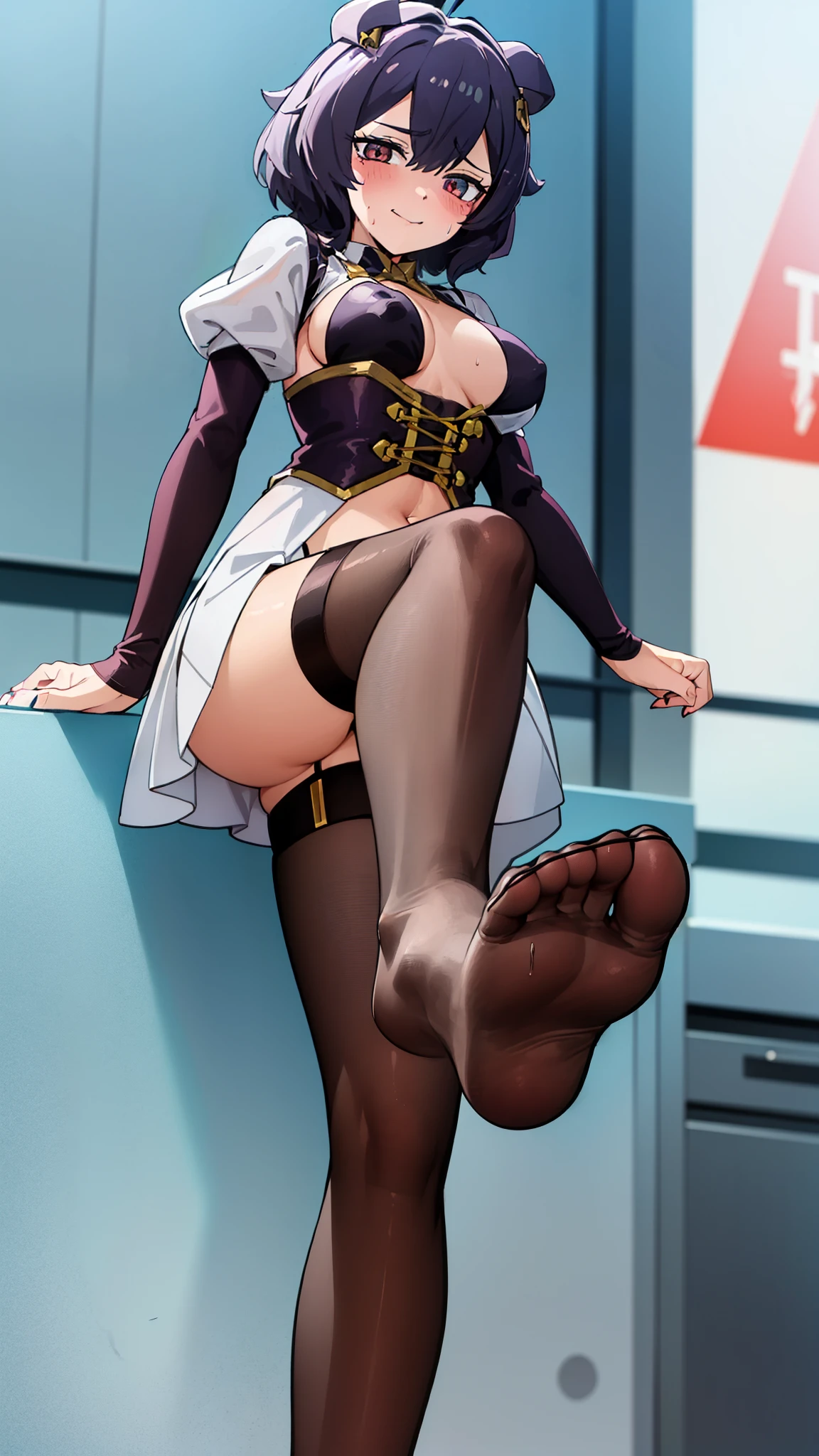 FFA,from below,leg up,sole,feet,looking at viewer,masterpiece,highres,best quality ,masterpiece,solo,1girl,Utena Hiiragi,Magia Baiser,feet,soles of feet,black thigh high stockings,feet focus,evil smile,yandere,breasts, bellybuttom, sweating,feet,five toes,feet focus