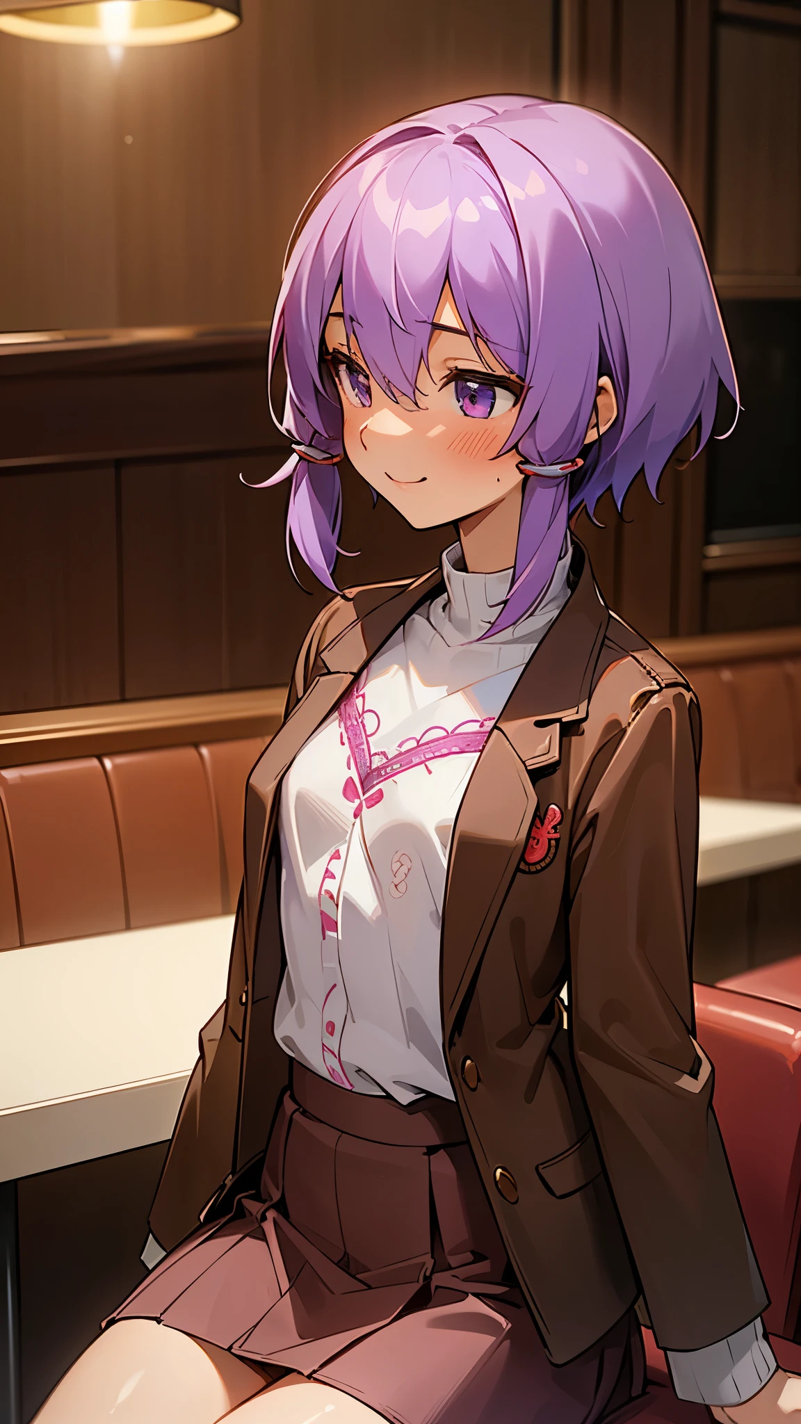 (highest quality、Super fine、real)、Energetic girl、solo、Yuitsuki Yukari、18-year-old、small breasts、slender body shape、profile、smile、blush、light purple hair、short hair、(hair between eyes) )、(white sweater with embroidery、brown leather blazer、red skirt)、Sit across from a table in a restaurant、bright background