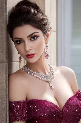 Lebanese woman, diamond dangling earrings, necklace, bracelets, small breasts, 40 years old, smokey eyes, cleavages, red lips, innocent face, pink fashion strapless ball gown, stylish hairstyle, posing, modeling, off-shoulder