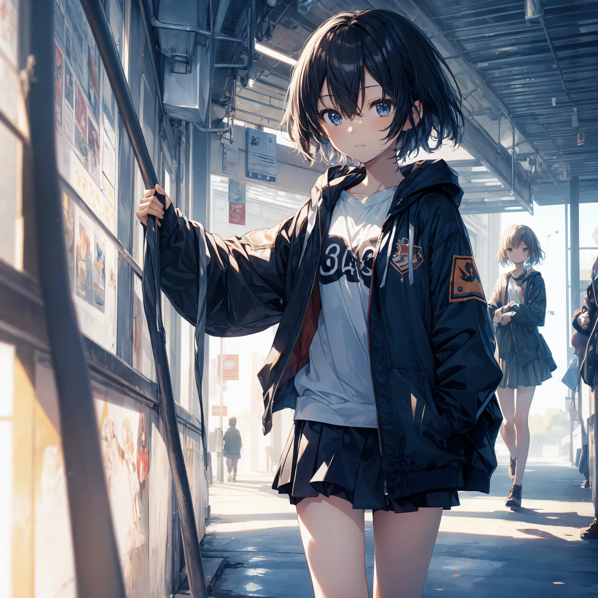 Super high quality by the art god, super detailed, High resolution, Shinkai Makoto style, anime moe art style, best anime 8K konachan wallpaper, pixiv contest winner, perfect anatomy, break,(眠そうにalone学校へ行く女の子を描いてください. ),break, surreal high school girl, (alone,change,child,13 years old:1.3),All limbs, full finger,Middle school students, androgynous charm, (very, very short hair), messy hair, flat and soft chest, small ass, between legs, small eyes,beautiful detailed black eyes, Well-proportioned iris and pupils, disgusted eyes, High resolutionの詳細な髪, school uniform, skirt, On the way to school. break,super dense skin, Best lighting by famous artists, 8K, figure,