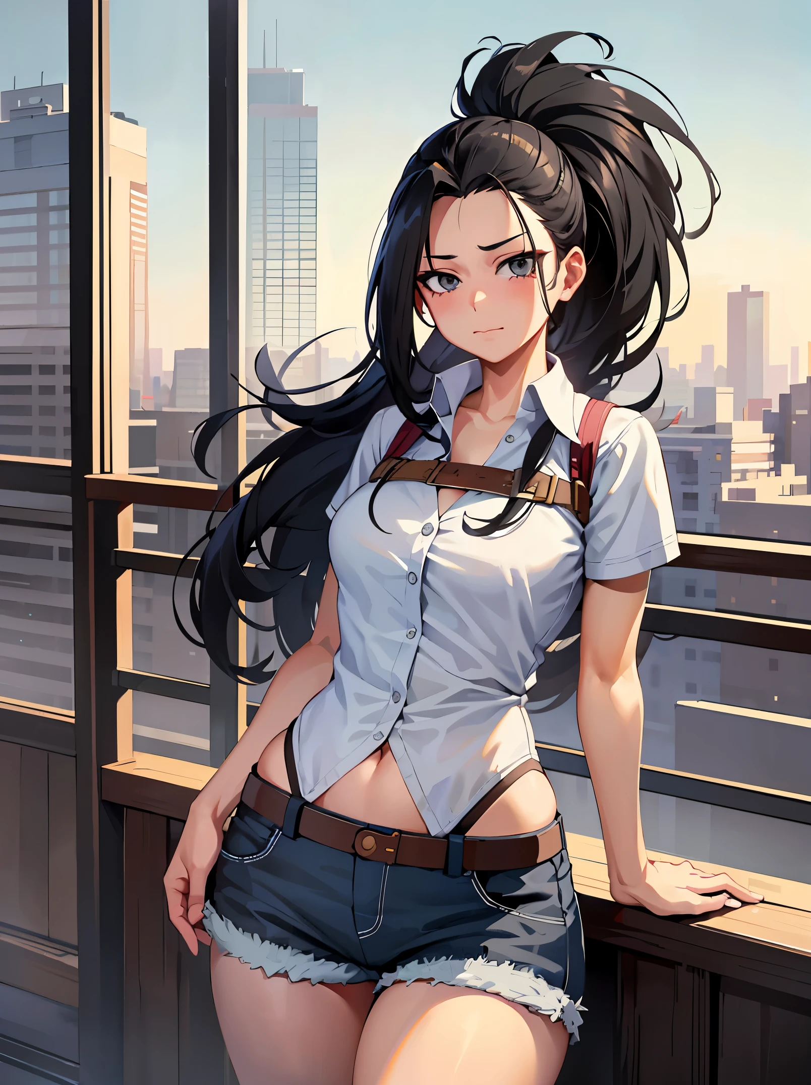 (masterpiece, Best quality: 1.2), cowboy shot, One, 1 girl, Yaoyorozu Momo, anime screenshot, city, long hair, Black hair, Grey eyes, Looking at the viewer, lustful, Closed mouth, is, wide hips, short shirt, short shorts, Unbuttoned shorts, erotica, 