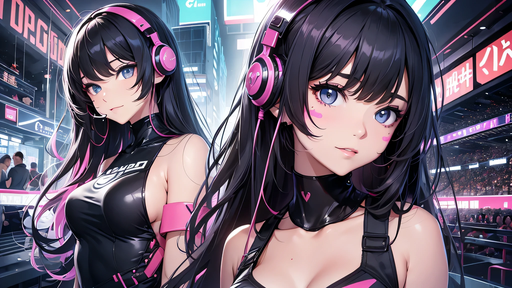 最high quality、best image quality、masterpiece、age girl((18-year-old、 by becoming、vest bust、medium bust,wide open breast tea、black eye, black hair、long hair、thin,highest valley、cute makeup、cyber tank top、Cyber Headphones、Cyber Skirt、best smile、Rear view、blue face paint、Yellow face paint、Pink face paint、fascination pose、black underwear)),high quality、beautiful art、background((nightbar、night club、night pool)),pieces fly、Depth of written boundary、movie、visual art、perfect art、