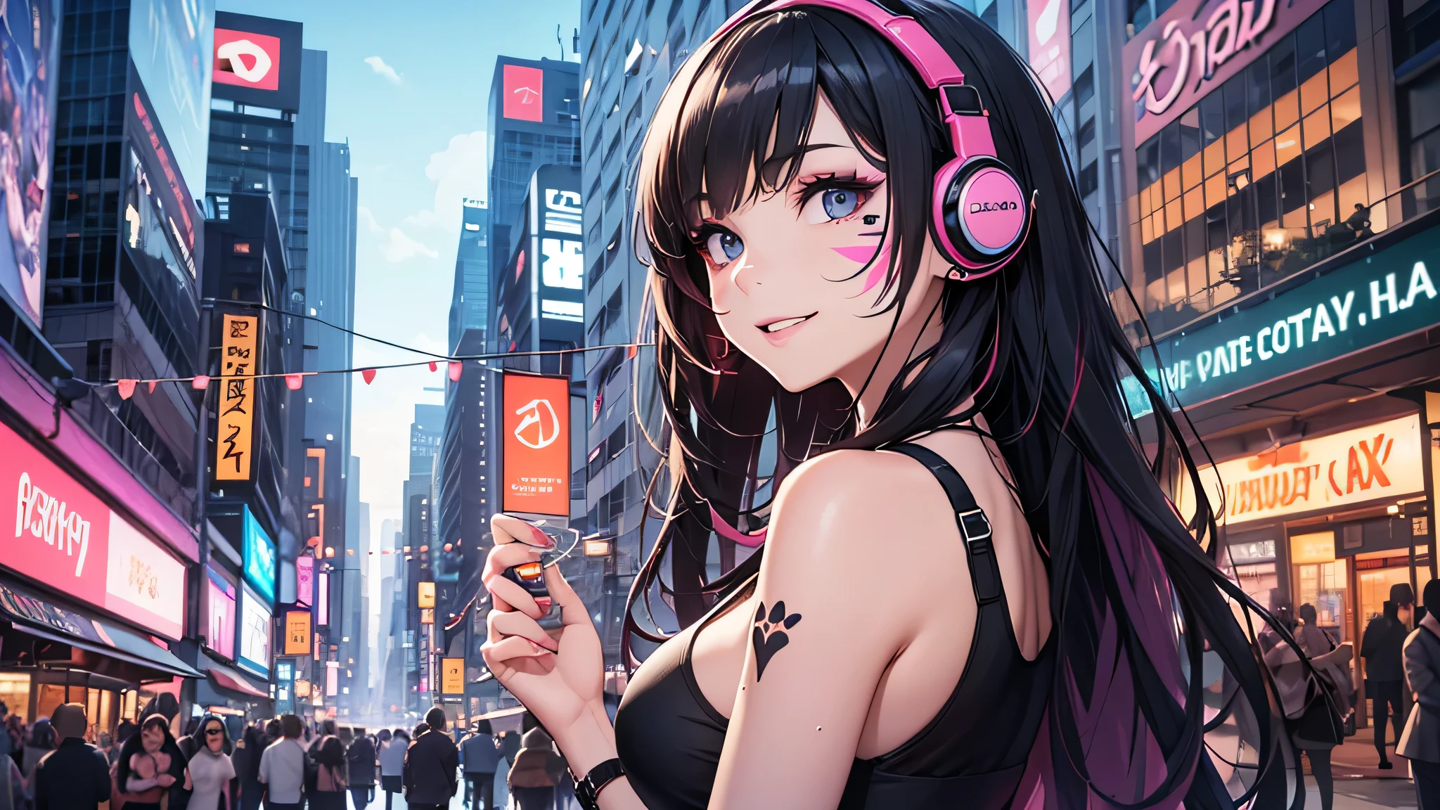 最high quality、best image quality、masterpiece、teenage girl((18-year-old、 by becoming、vest bust、medium bust,wide open breast tea、black eye, black hair、long hair、thin,highest valley、cute makeup、cyber tank top、Cyber Headphones、Cyber Skirt、best smile、Rear view、blue face paint、Yellow face paint、Pink face paint、fascination pose、black underwear)),high quality、beautiful art、background((nightbar、night club、night pool)),pieces fly、Depth of written boundary、movie、visual art、perfect art、
