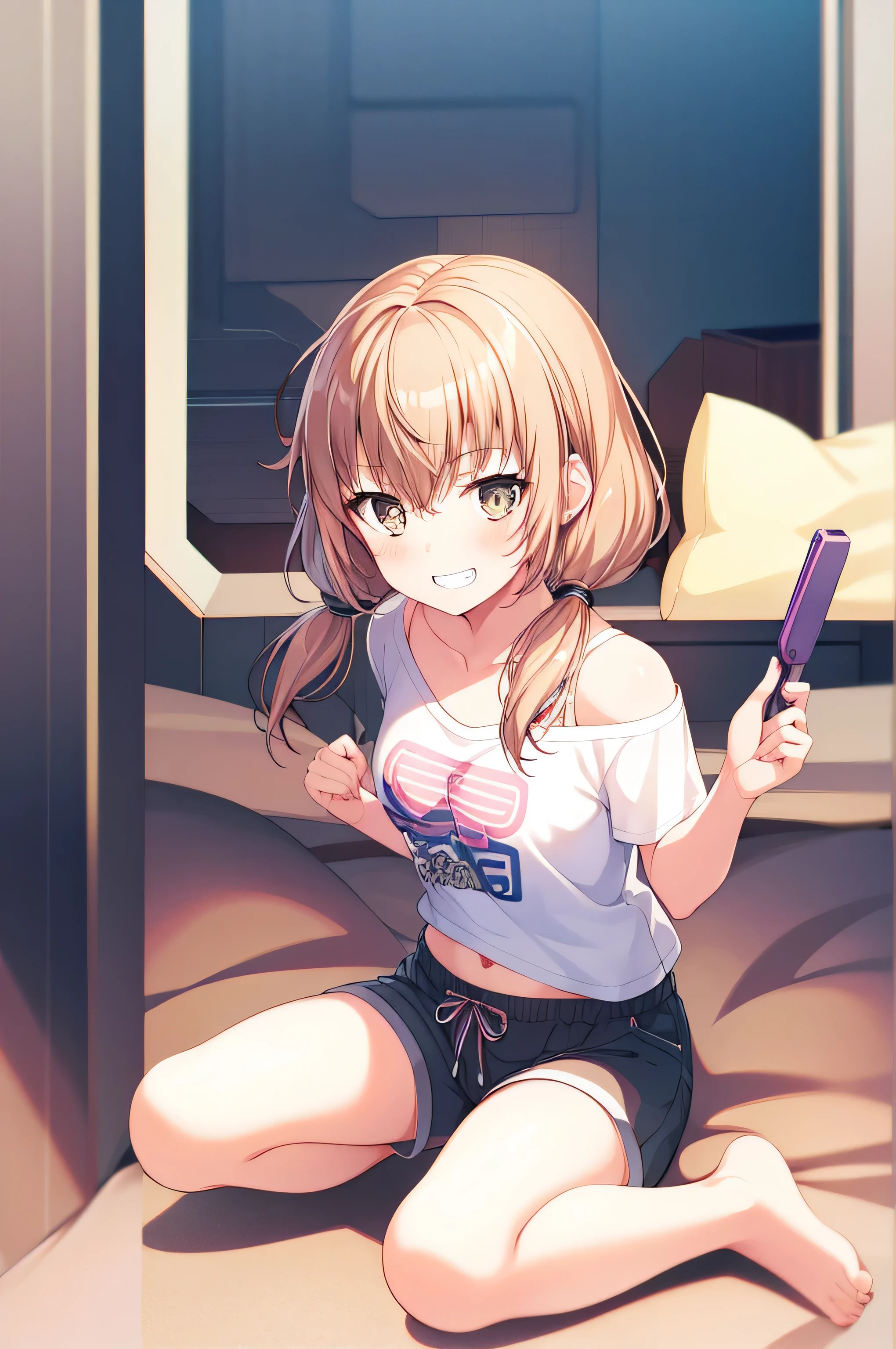 1 girl, Futaba_arrive, alone, onlyfoot, lexistg_hair, filled_Toy, Double tail, blexistde_hair, Smile, shirt, filled_animal, Nintendo_shift, brmy own_Eye, Keep, watching_exist_audience, filled_rabbit, shorts, Grinning, hand_exist_my own_Stomach, low_Double tail, striped, knees_up, striped_shorts, foot, Bangs, foot趾, blush, clothing_writing, leave_Shoulder, t-shirt, sitting, navel, white_shirt, only_leg, short_sleeve, pillow, shirt_lift, Very_lexistg_hair, 