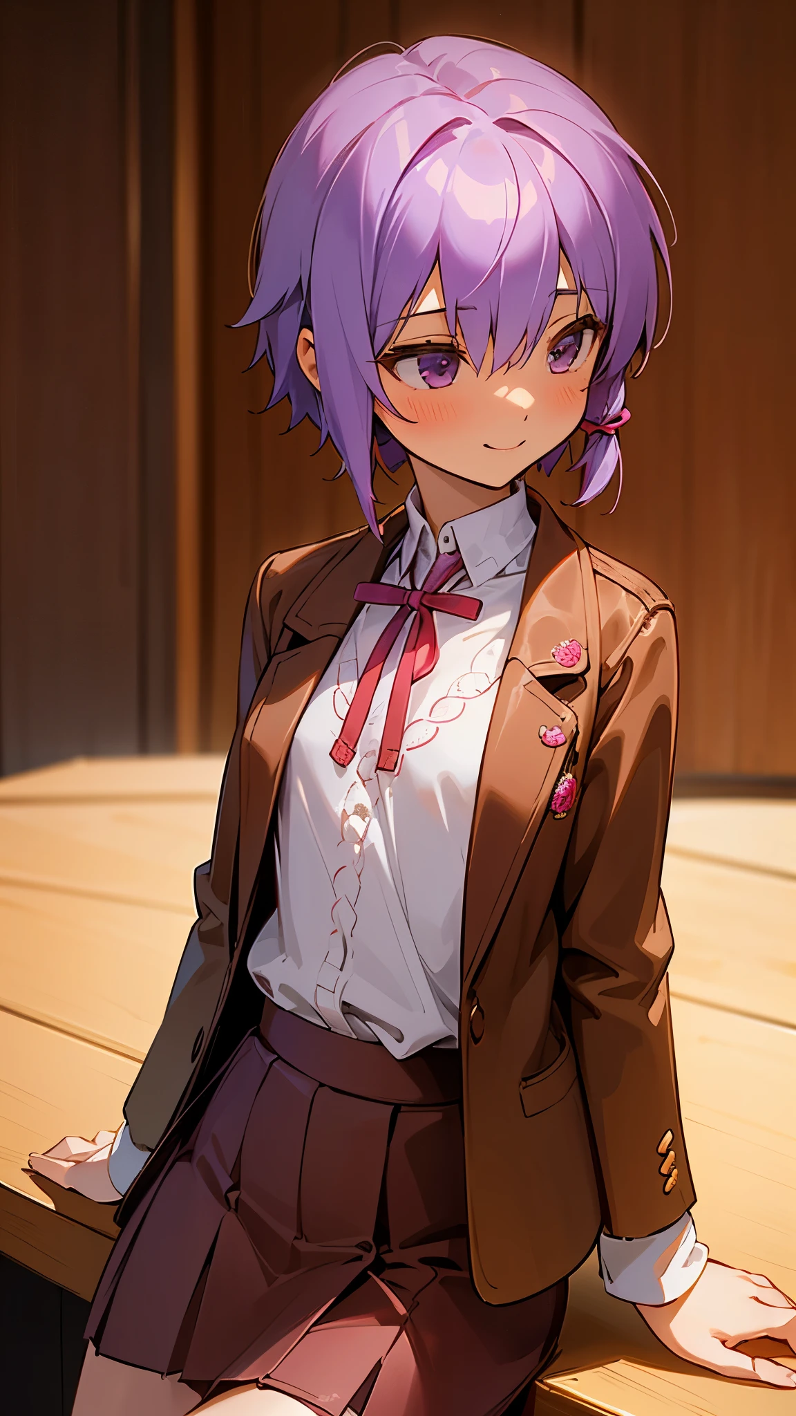 (highest quality、Super fine、real)、Energetic girl、solo、Yuitsuki Yukari、18-year-old、small breasts、slender body shape、profile、smile、blush、light purple hair、short hair、(hair between eyes) )、(white sweater with embroidery、brown leather blazer、red skirt)、Sit across from a table in a restaurant、bright background