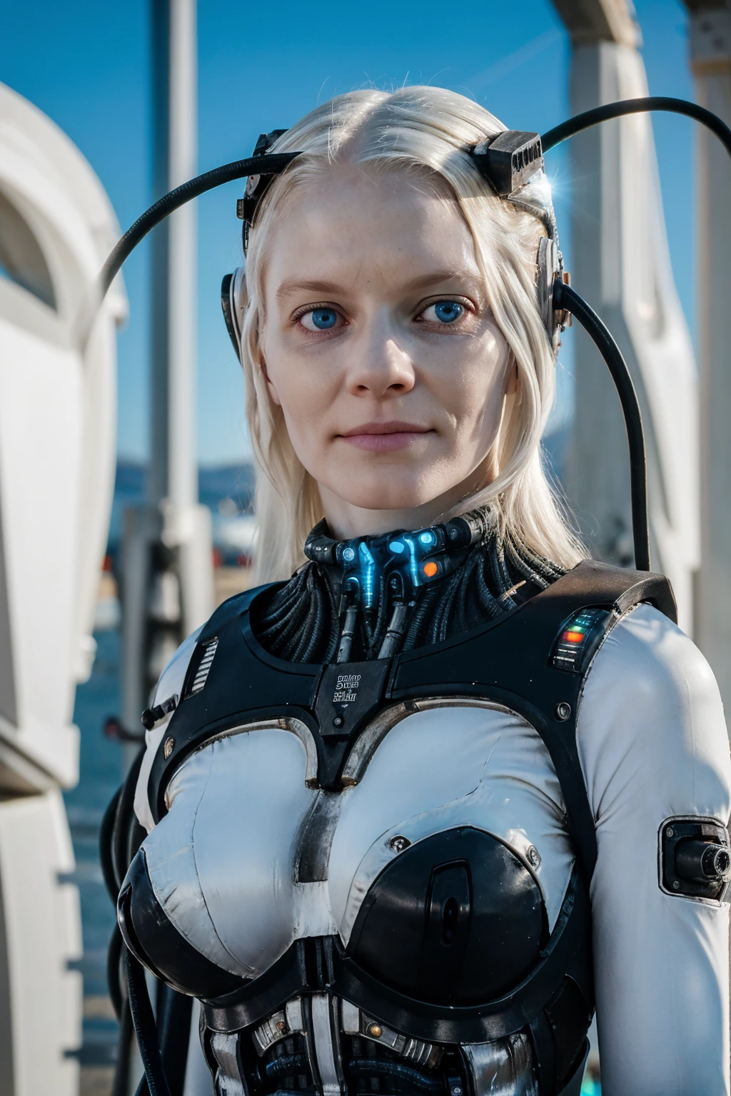 borg woman sks woman, (cable:1.4), 

(Natural pale white skin:1.3), 
 [light blonde hair, (blue eyes:1.2):4], 
(medium shot:1.4), sexy (cyborg:.05) (cybernetic:.3) (implants:.3), (cyborg:.1) (cybernetic:1.3) (bikini:1) , front light, well lit, sunny, arctic, outdoors, detailed skin, photograph, detailed, high resolution, RAW photo, in frame, 

