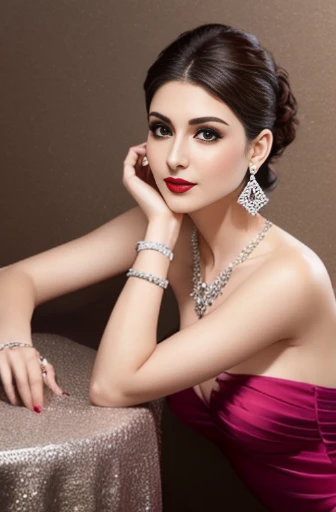 Lebanese woman, diamond dangling earrings, necklace, bracelets, small breasts, 40 years old, smokey eyes, cleavages, red lips, innocent face, cyan fashion ball gown, stylish hairstyle, posing, modeling, arms raised, off-shoulder 