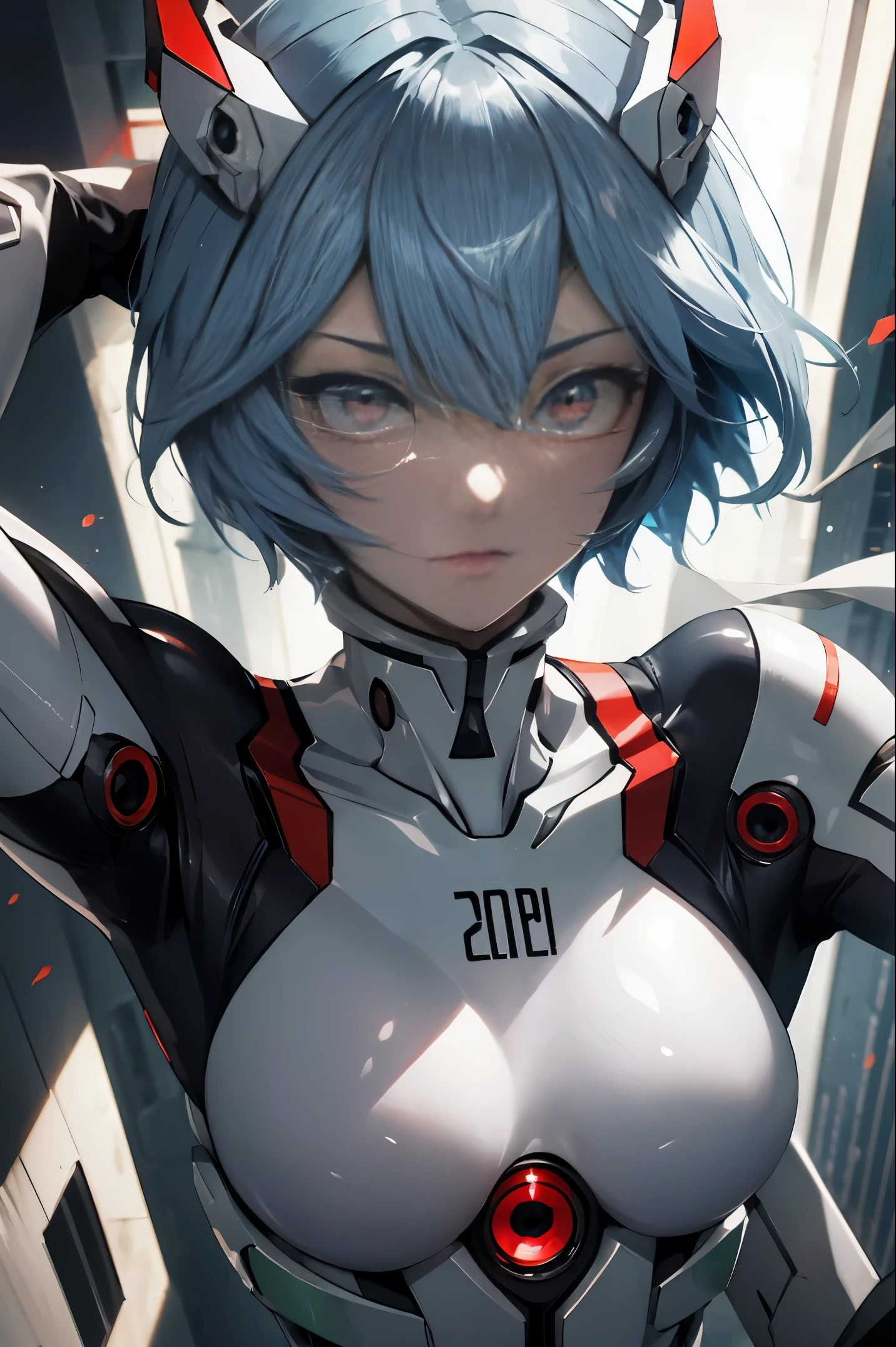 reiayanami, Rei Ayanami, Blue hair, Short hair, (Red Eyes:1.5),
Blake Bodysuit, Headgear, plugsuit, White bodysuit,
BREAK outdoors, city,
BREAK looking at viewer, 
BREAK (masutepiece:1.2), Best Quality, High resolution, Unity 8k壁纸, (Illustration:0.8), (Beautiful detailed eyes:1.6), extra detailed face, Perfect Lighting, extremely details CG, (Perfect hands, Perfect Anatomy),