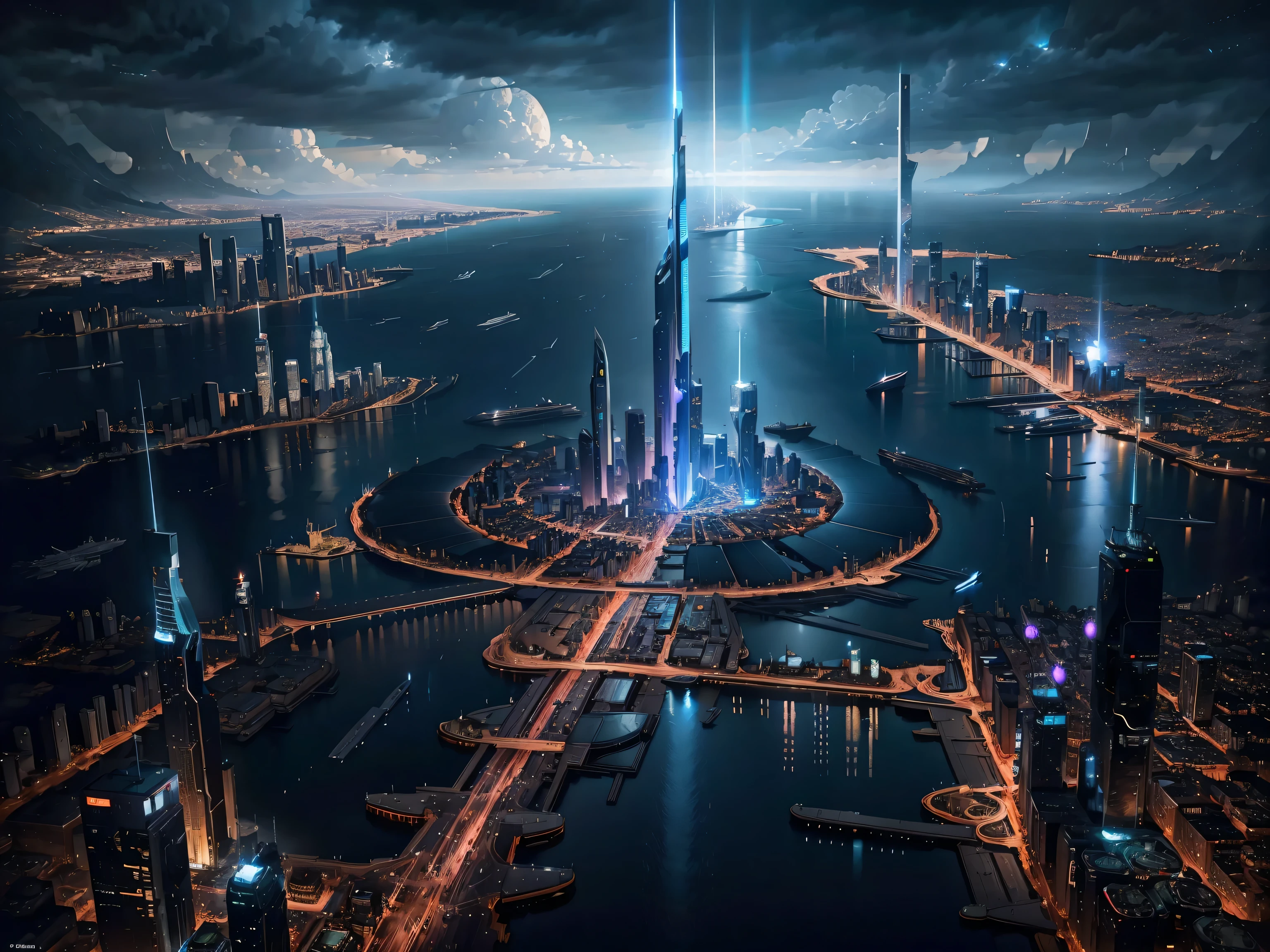 Night view seen from an airplane,Future City:1.3,port,flying spaceship,Skyscraper,masterpiece,highest quality,ultra high resolution,(Super detailed:1.2),8K,realistic,best aesthetics,beautiful,Breezy