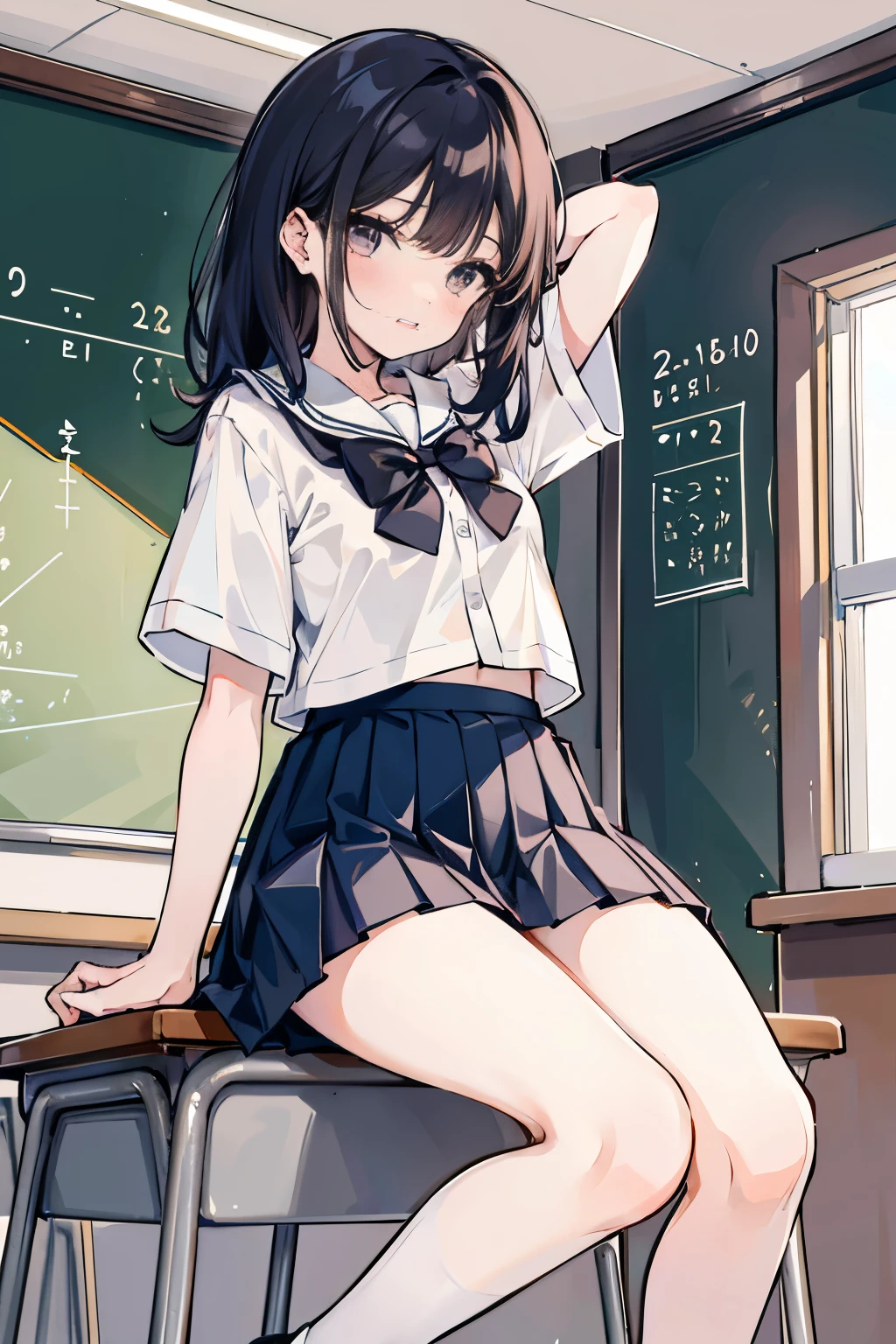 a girl with a skirt holding up her white socks above a bare ground, 1girl, underwear, solo, skirt, indoors, panties, classroom, school uniform, blush, desk, looking at viewer, short sleeves, pleated skirt, window, shirt, school desk, black hair, breasts,
beautiful eyelashes,,,grin,((die,JS,litl,kodomo)),