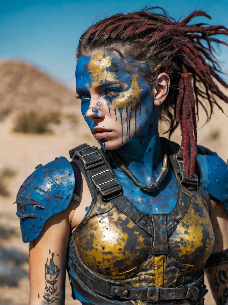 VaultGirl at the front line of the battle against the mutant monsters that evolved after the nuclear and biological apocalypse. Beautiful hyperrealistic photograph of a perfect likeness of SandraOv4 with Runic tattoos, 13 years old, ((dirty face Blood splattered)), (((wearing full heavy Vaultgirl vaultsuit blue and gold armor, combat harness, Neon highlights))) Short Red Dreadlocks, closeup of head and shoulders with dirty half covered face in black camouflage grease and dirty hi tech armor. Standing in wasteland, post apocalyptic ,desert punk,mad max style, desert background, sexy female,  pose, suggestive face, , sexy wasteland clothes,mujer armada con una escopeta, escopeta, arma, arma de fuego, mujer sujetando arma de fuego, , armas mad max,(pecho gigante:1.8,pecho caido, cameltoe marcado, pezones marcados, vig cleavage)((night,ful moon,desert postapocalyptic night))