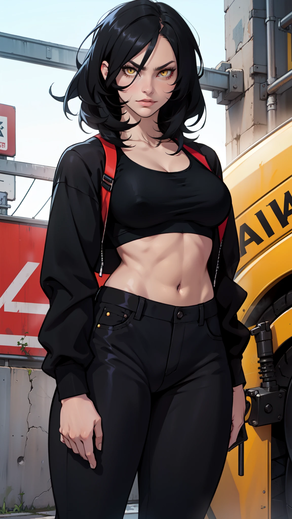 Mature women, yellow eyes, black top, black pants, black hair, badass woman,