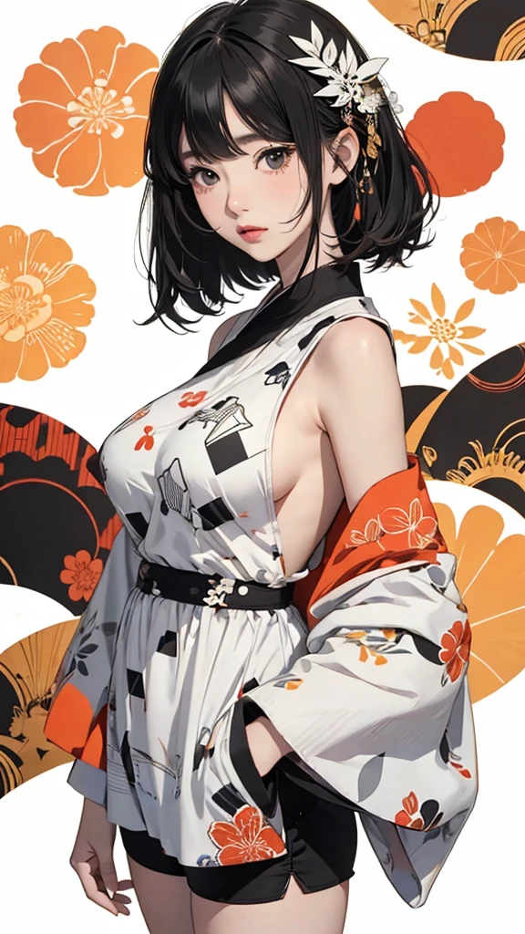 ((Highly detailed CG unit 8k wallpaper, masterpiece, High resolution, highest quality, highest qualityのリアルテクスチャスキン)), ((Very beautiful blonde woman, Figure with hands in pockets:1.5, Nana Komatsu:1.2, plump lips, upper part of the body, Japanese pattern haori, Japanese pattern micro mini shorts)), (messy black hair, white skin, small breasts), ((Colorful background with geometric patterns, and handle background, cool color, white background)), Sumi-e, hyper realistic, digital painting, concept art,