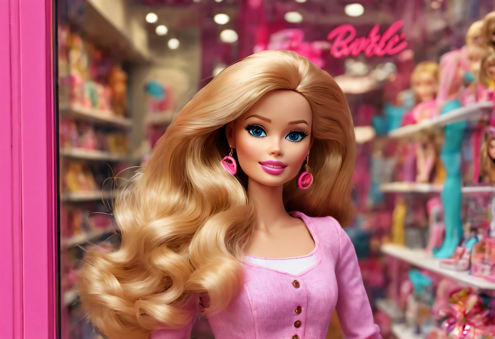 UHD, retina, masterpiece, ccurate, anatomically correct, textured skin, super detail, high details, high quality, award winning, best quality, highres, 16k,(scenography),(Barbie doll toy store window display),3D rendering,Pixar,Detailed details,super high quality
