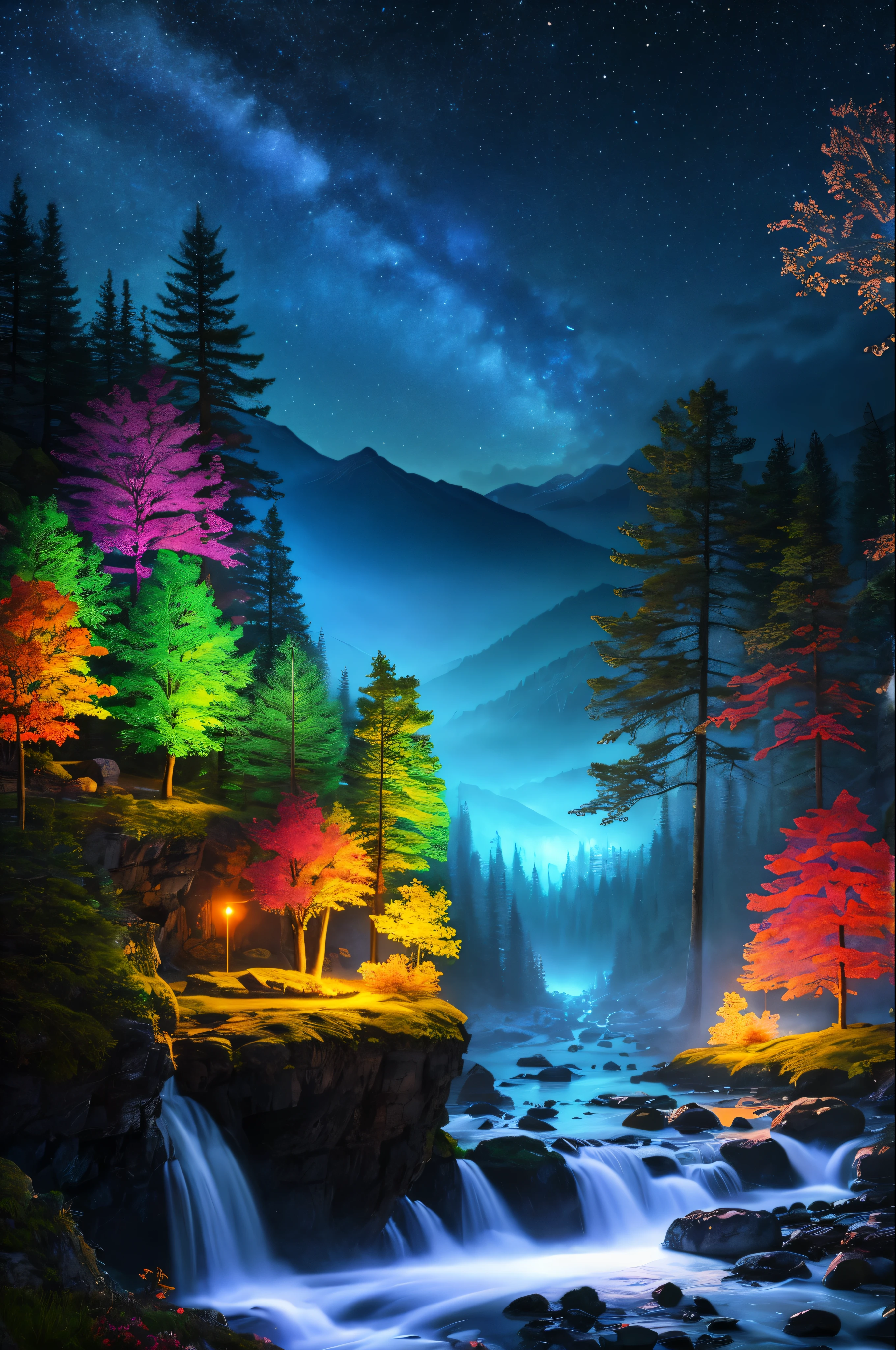 best quality, masterpiece, beautiful wild and natural fantasy landscape with glowing lights