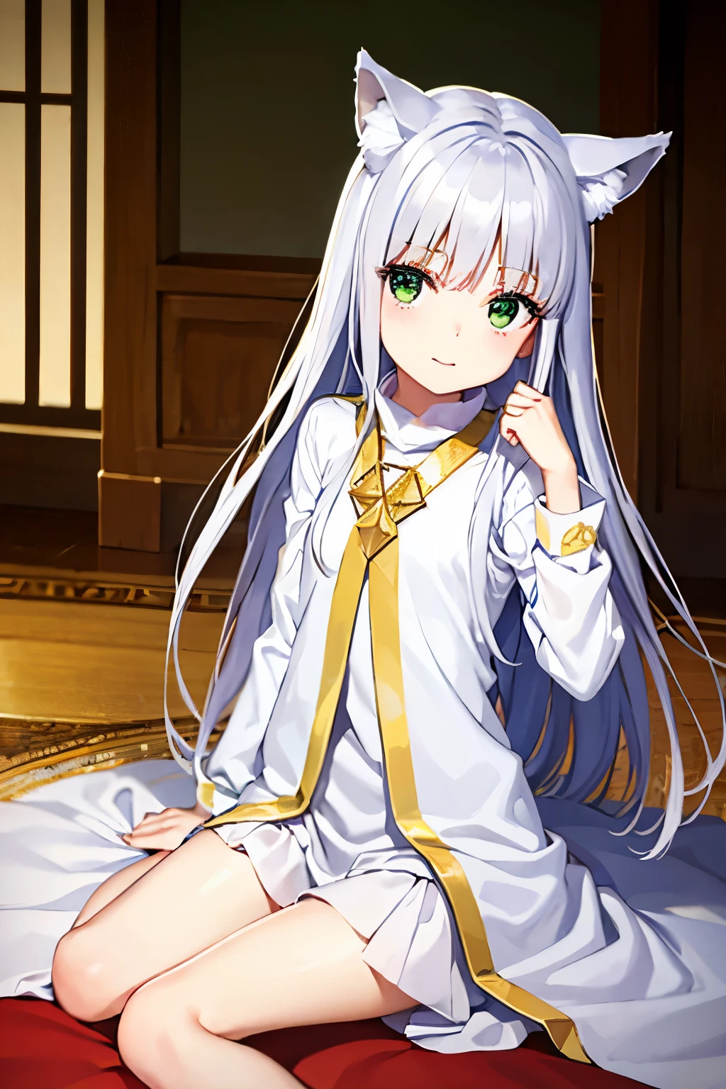 Cabello largo plateado, ojos verdes, petite, dress, white clothes, tiara, sonrisa, happy, muslos hermosos, sentada, piernas abiertas, white underwear, golden throne