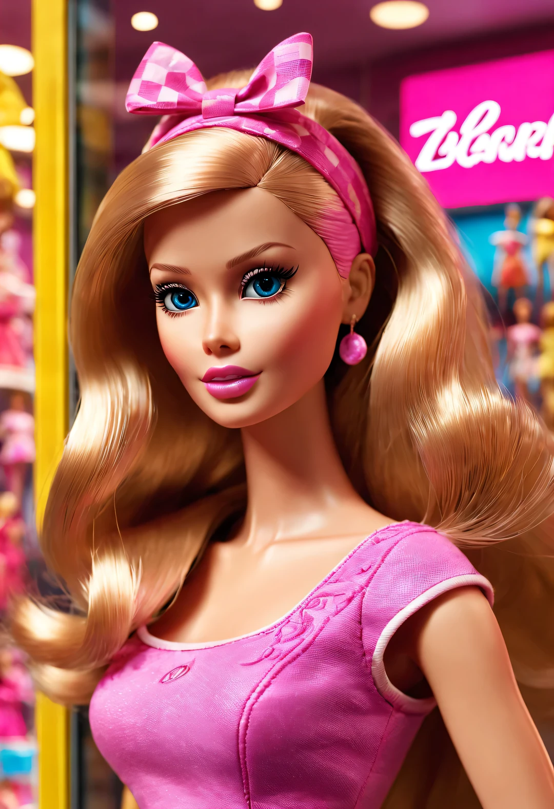 UHD， retina， masterpiece， ccurate， anatomically correct， textured skin， super detail， high detail， high quality， award winning， best quality， highres， 16k，（scenography），（Barbie doll toy store window display），3D rendering，Pixar，Detailed details，super high quality